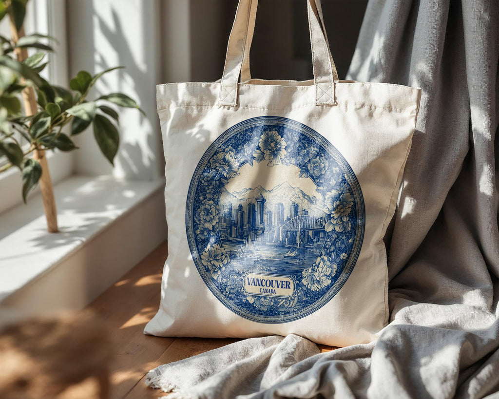 Vancouver Canada Tote Bag, Delft Style Personalized Destination, City Wedding Gift Souvenir Cotton