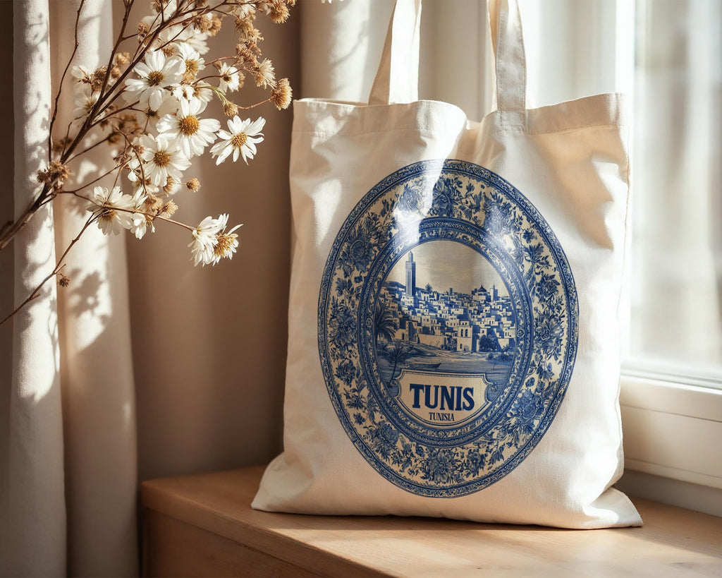 Tunis Tunisia Tote Bag, Delft Style Personalized Destination, City Wedding Gift Souvenir Cotton