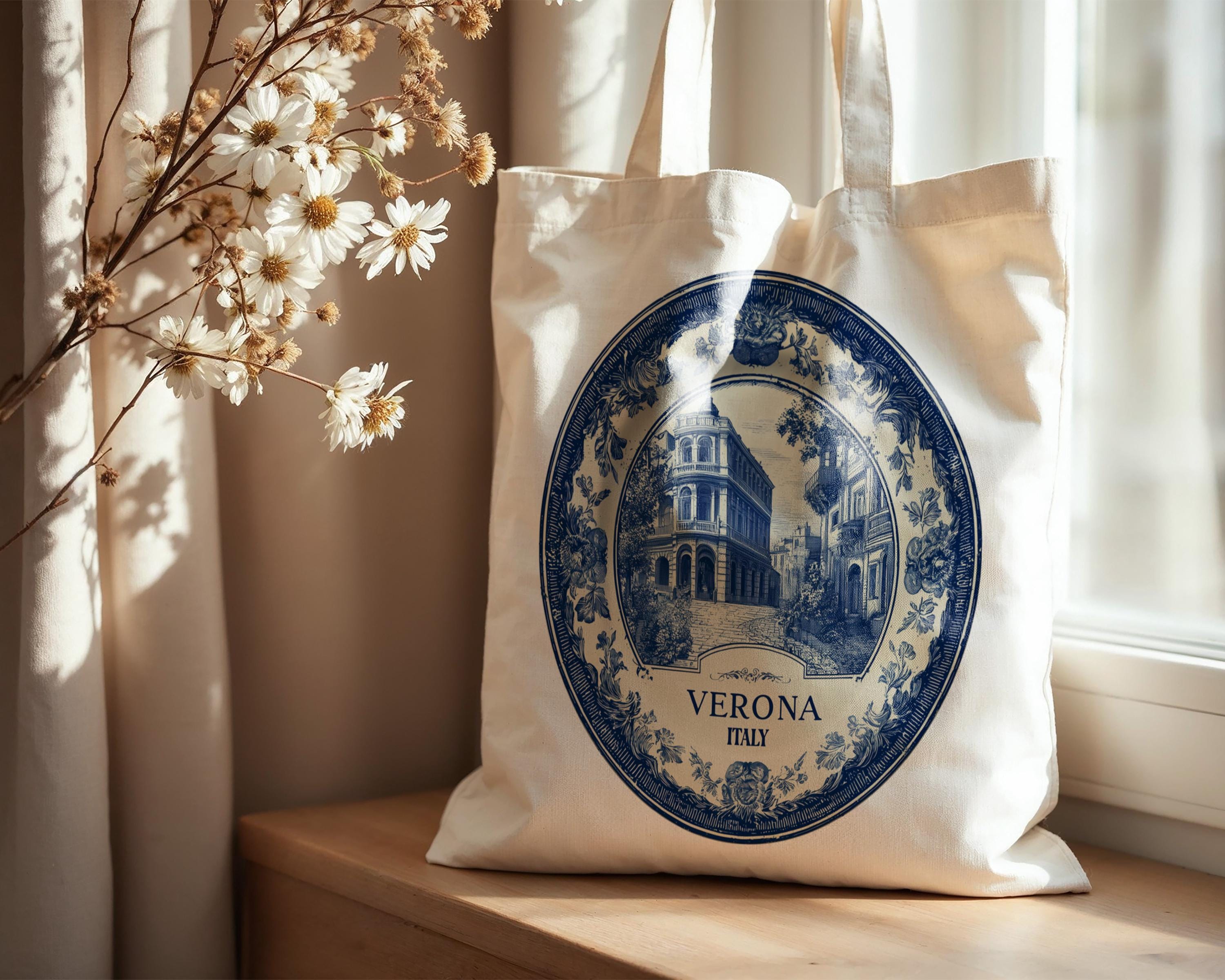 Verona Italy Tote Bag, Delft Style Personalized Destination, City Wedding Gift Souvenir Cotton