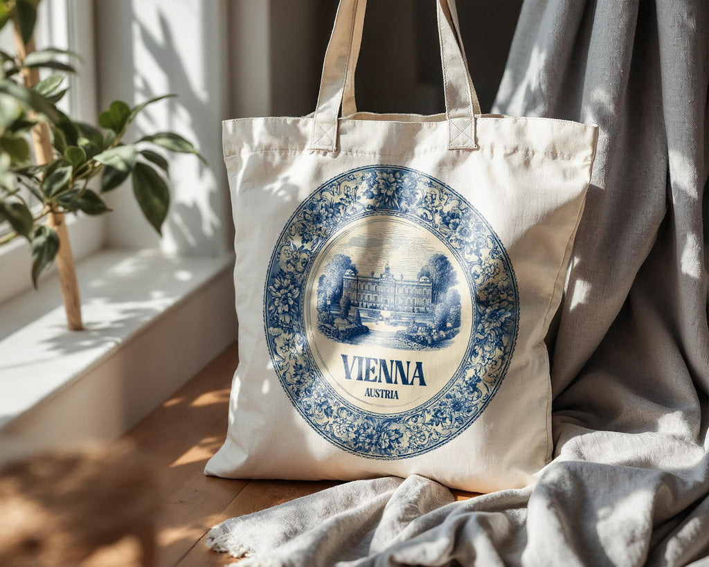 Vienna Austria Tote Bag, Delft Style Personalized Destination, City Wedding Gift Souvenir Cotton