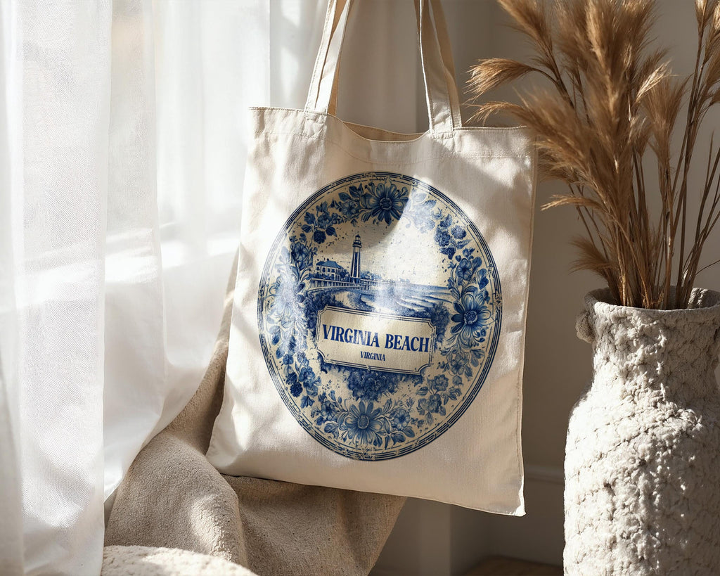 Virginia Beach Virginia Tote Bag, Delft Style Personalized Destination, City Wedding Gift Souvenir Cotton