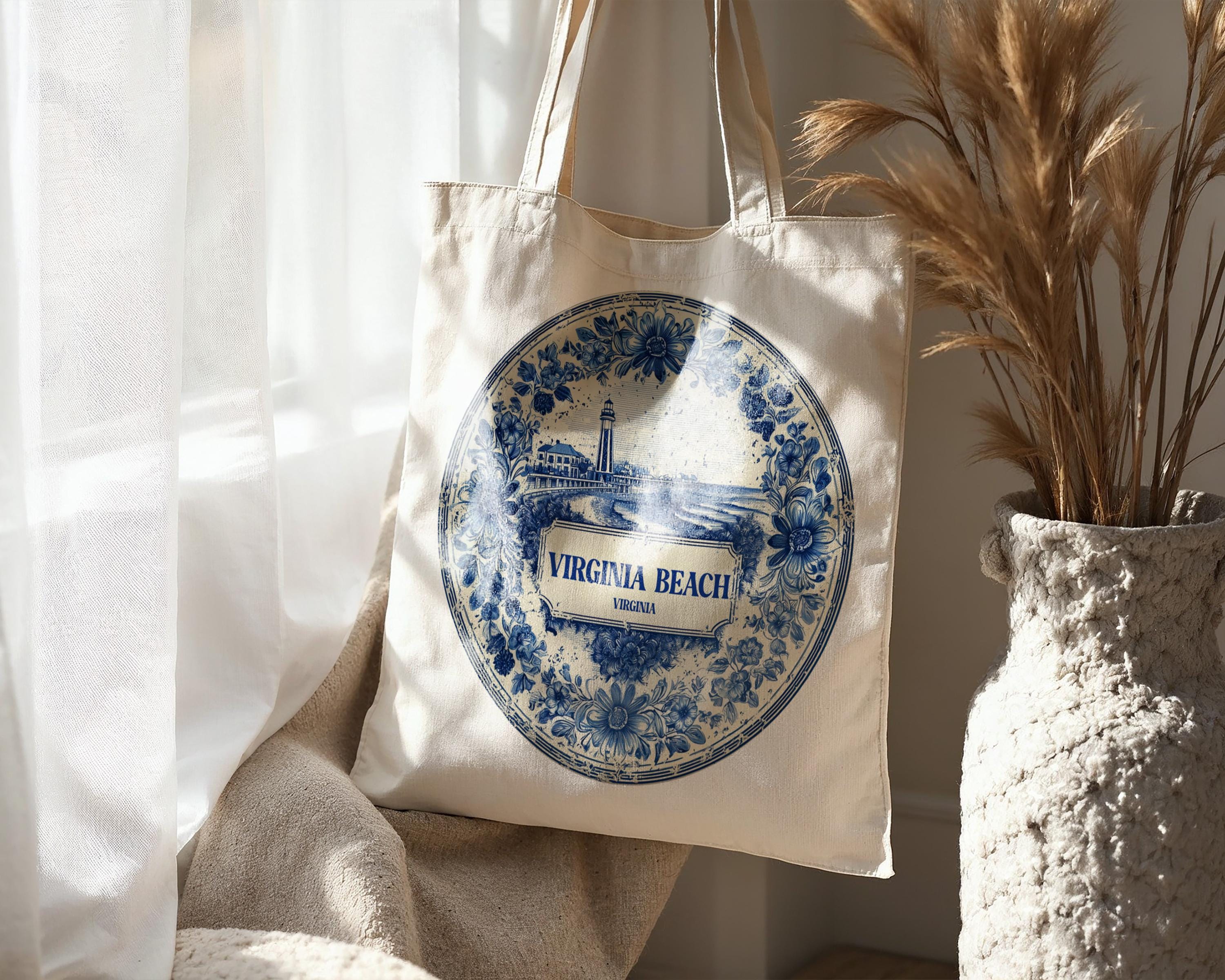 Virginia Beach Virginia Tote Bag, Delft Style Personalized Destination, City Wedding Gift Souvenir Cotton
