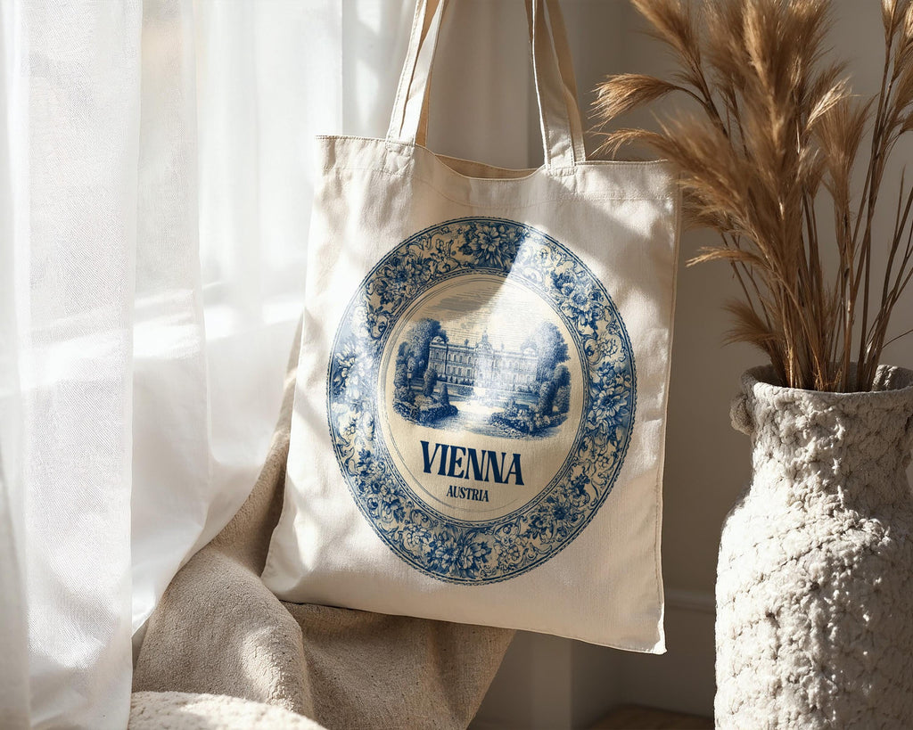 Vienna Austria Tote Bag, Delft Style Personalized Destination, City Wedding Gift Souvenir Cotton