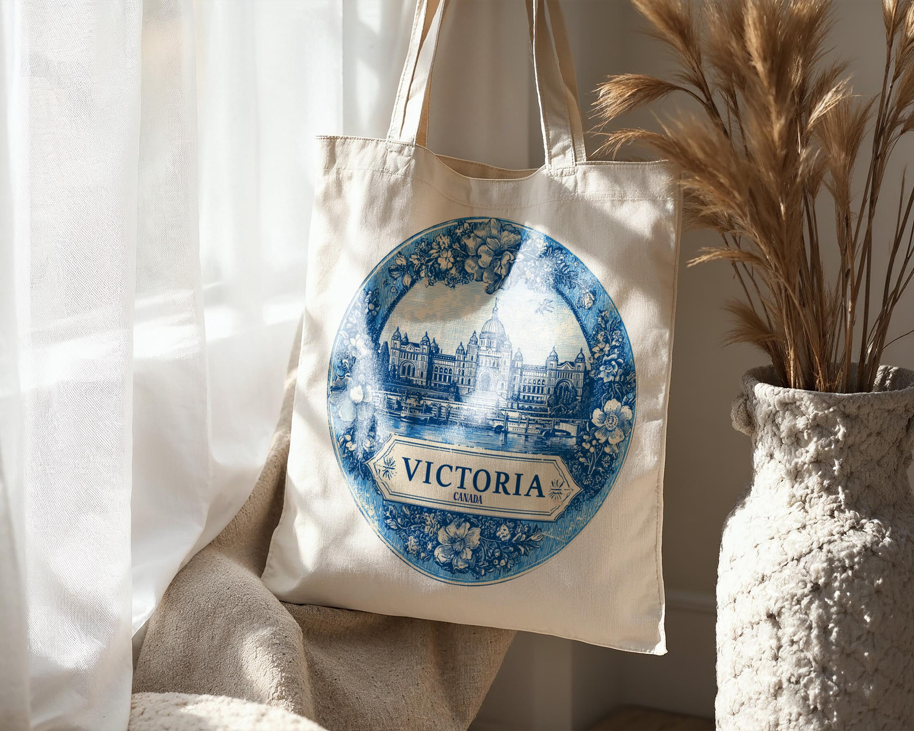 Victoria Canada Tote Bag, Delft Style Personalized Destination, City Wedding Gift Souvenir Cotton