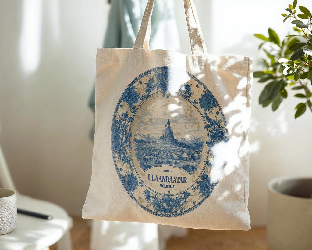 Ulaanbaatar Mongolia Tote Bag, Delft Style Personalized Destination, City Wedding Gift Souvenir Cotton