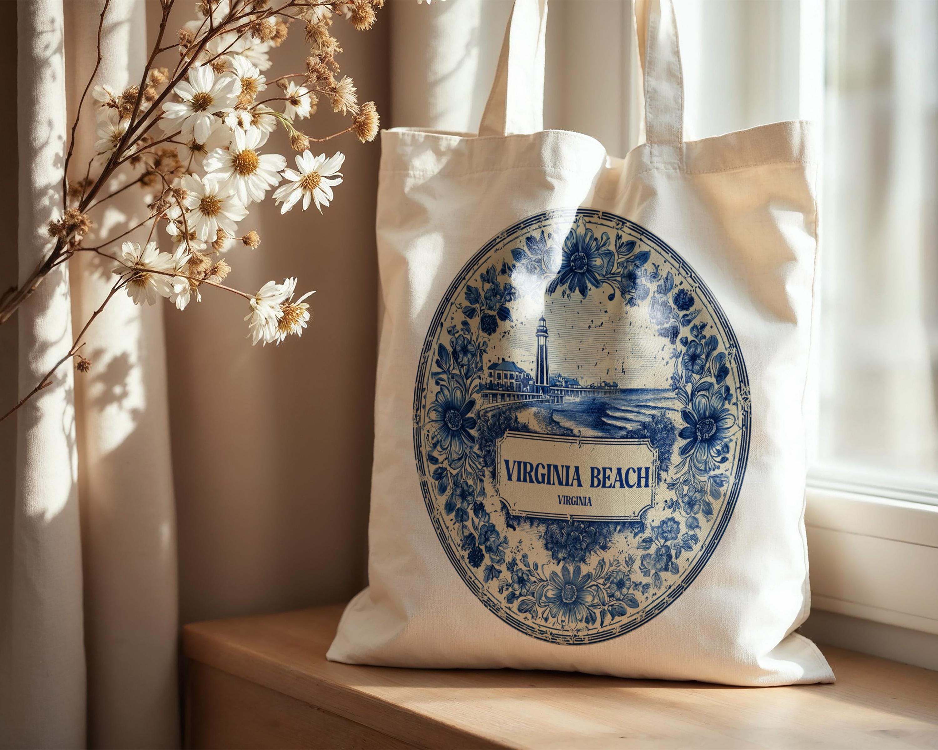 Virginia Beach Virginia Tote Bag, Delft Style Personalized Destination, City Wedding Gift Souvenir Cotton
