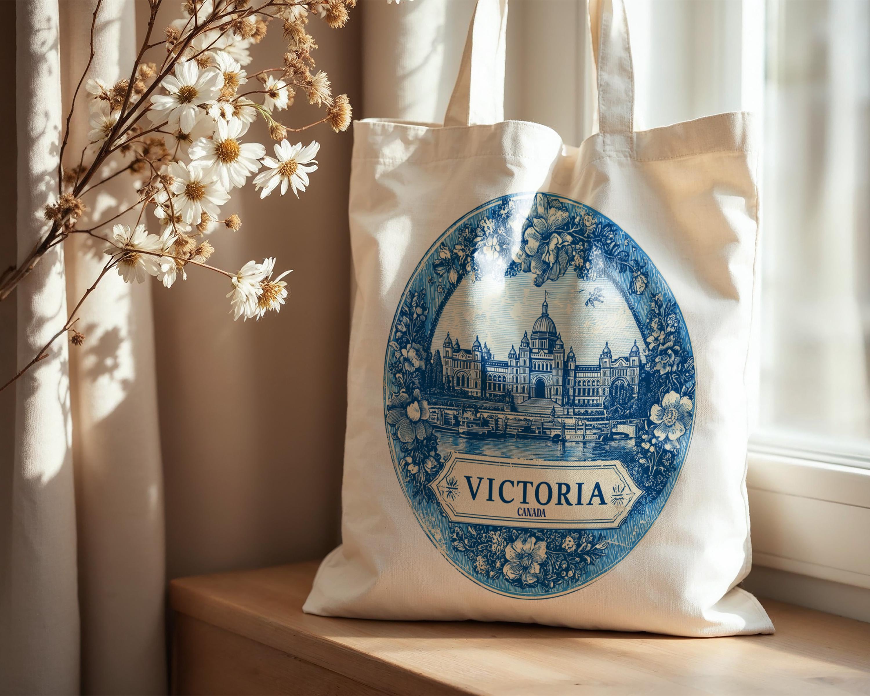 Victoria Canada Tote Bag, Delft Style Personalized Destination, City Wedding Gift Souvenir Cotton