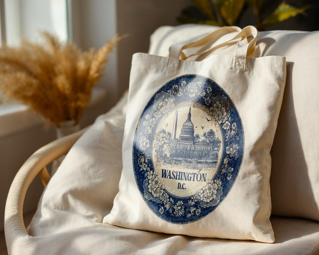Washington DC Tote Bag, Delft Style Personalized Destination, City Wedding Gift Souvenir Cotton