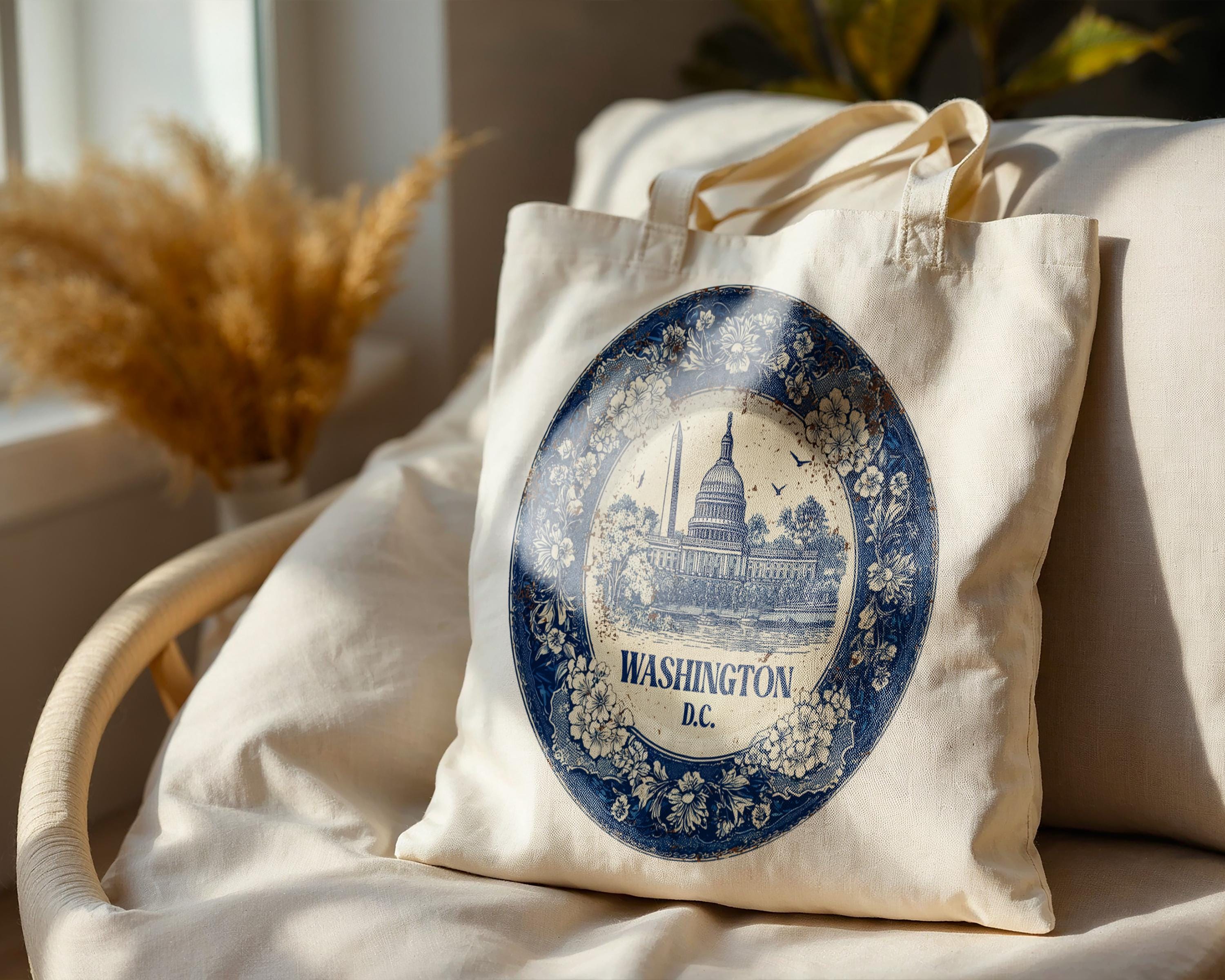 Washington DC Tote Bag, Delft Style Personalized Destination, City Wedding Gift Souvenir Cotton