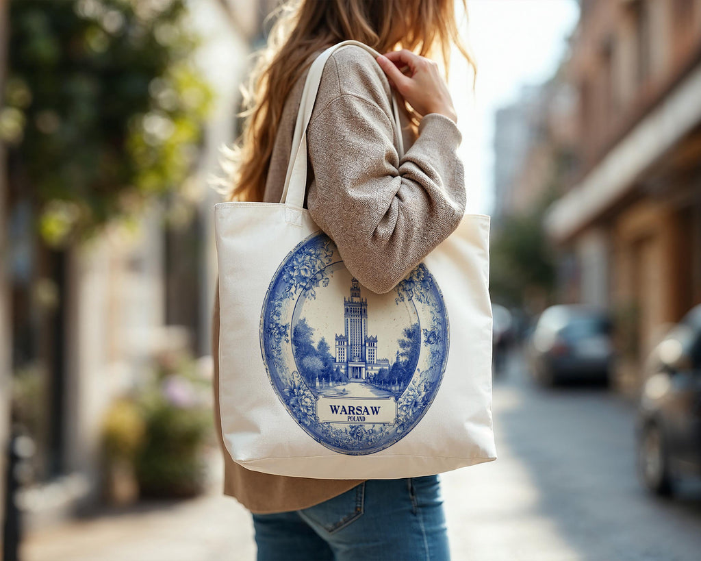 Warsaw Poland Tote Bag, Delft Style Personalized Destination, City Wedding Gift Souvenir Cotton