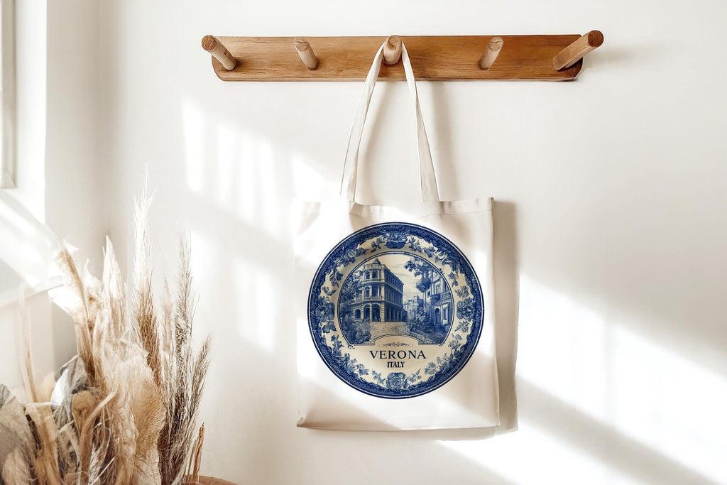 Verona Italy Tote Bag, Delft Style Personalized Destination, City Wedding Gift Souvenir Cotton