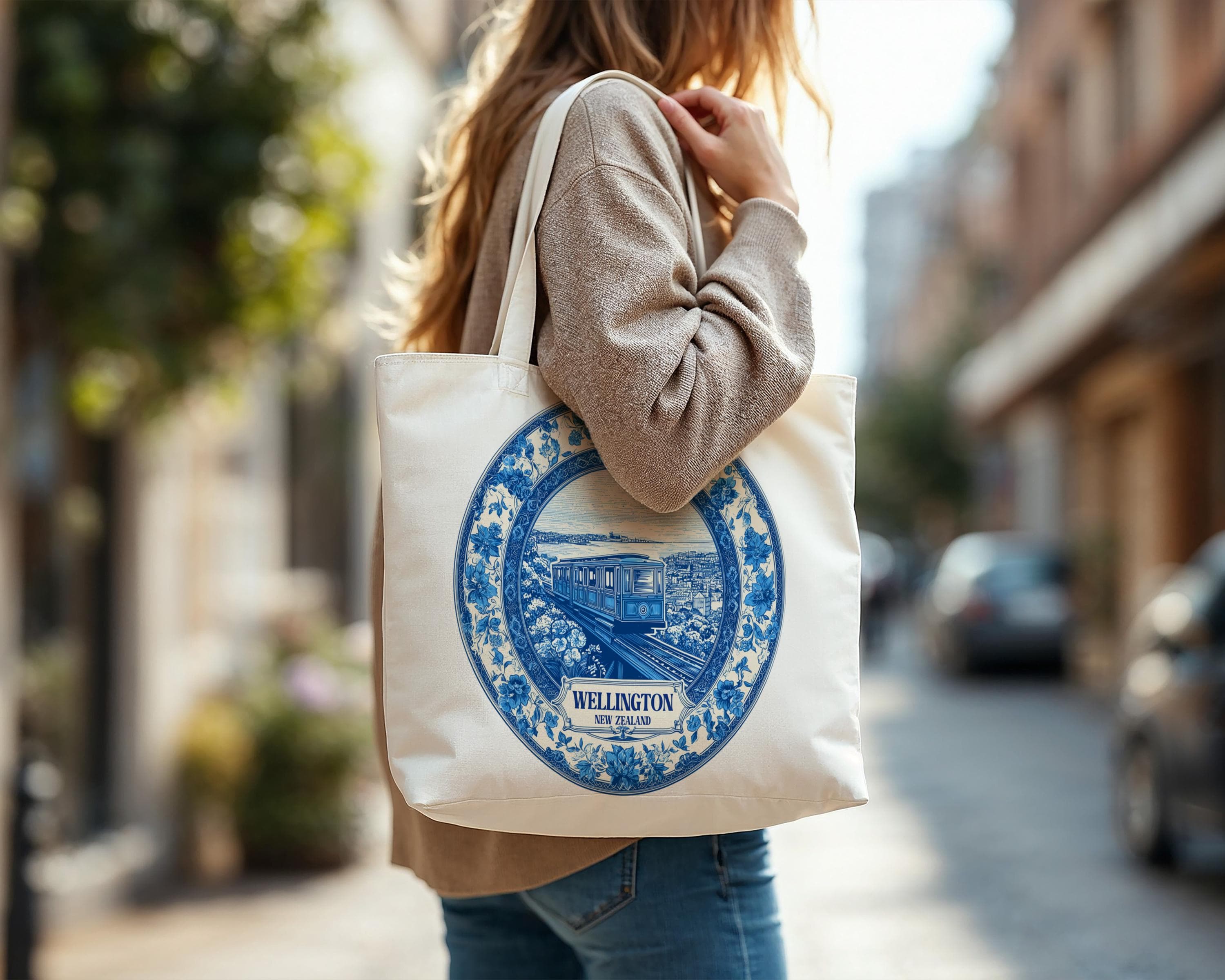 Wellington New Zealand Tote Bag, Delft Style Personalized Destination, City Wedding Gift Souvenir Cotton