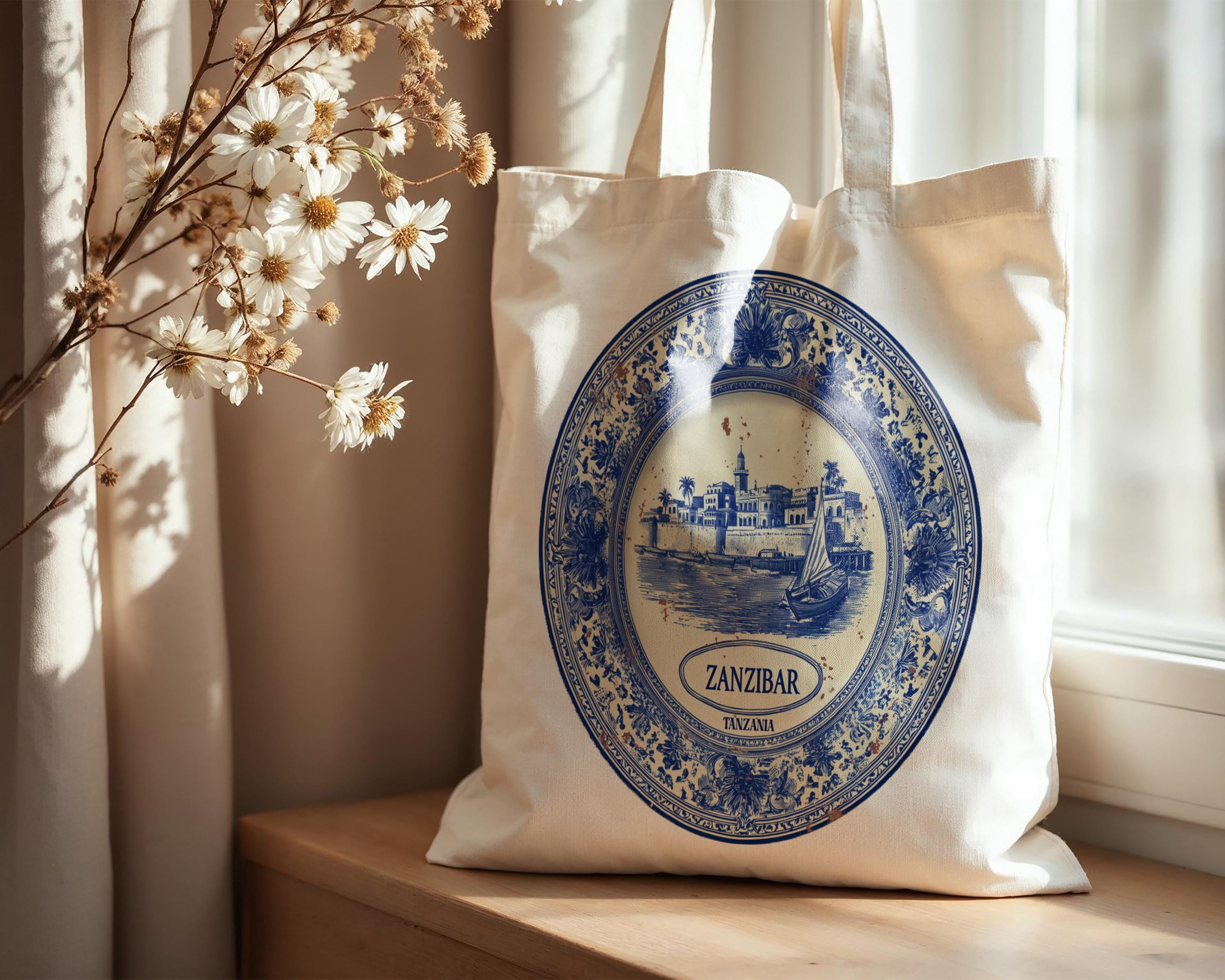 Zanzibar Tanzania Tote Bag, Delft Style Personalized Destination, City Wedding Gift Souvenir Cotton