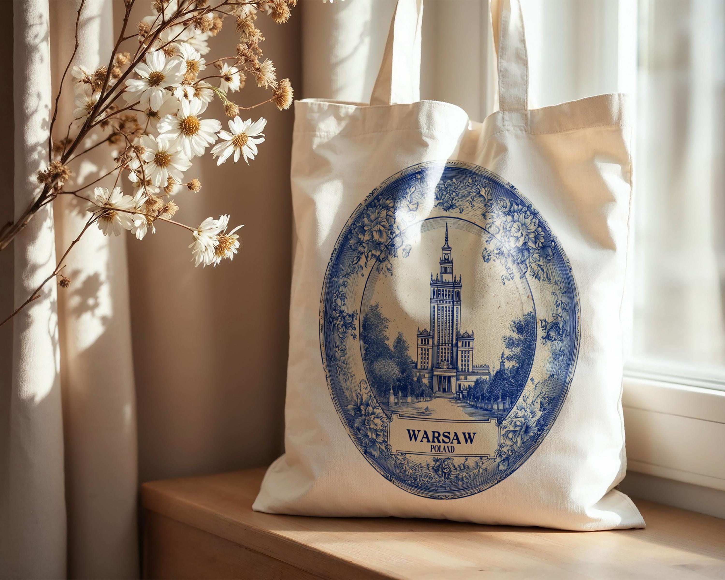 Warsaw Poland Tote Bag, Delft Style Personalized Destination, City Wedding Gift Souvenir Cotton