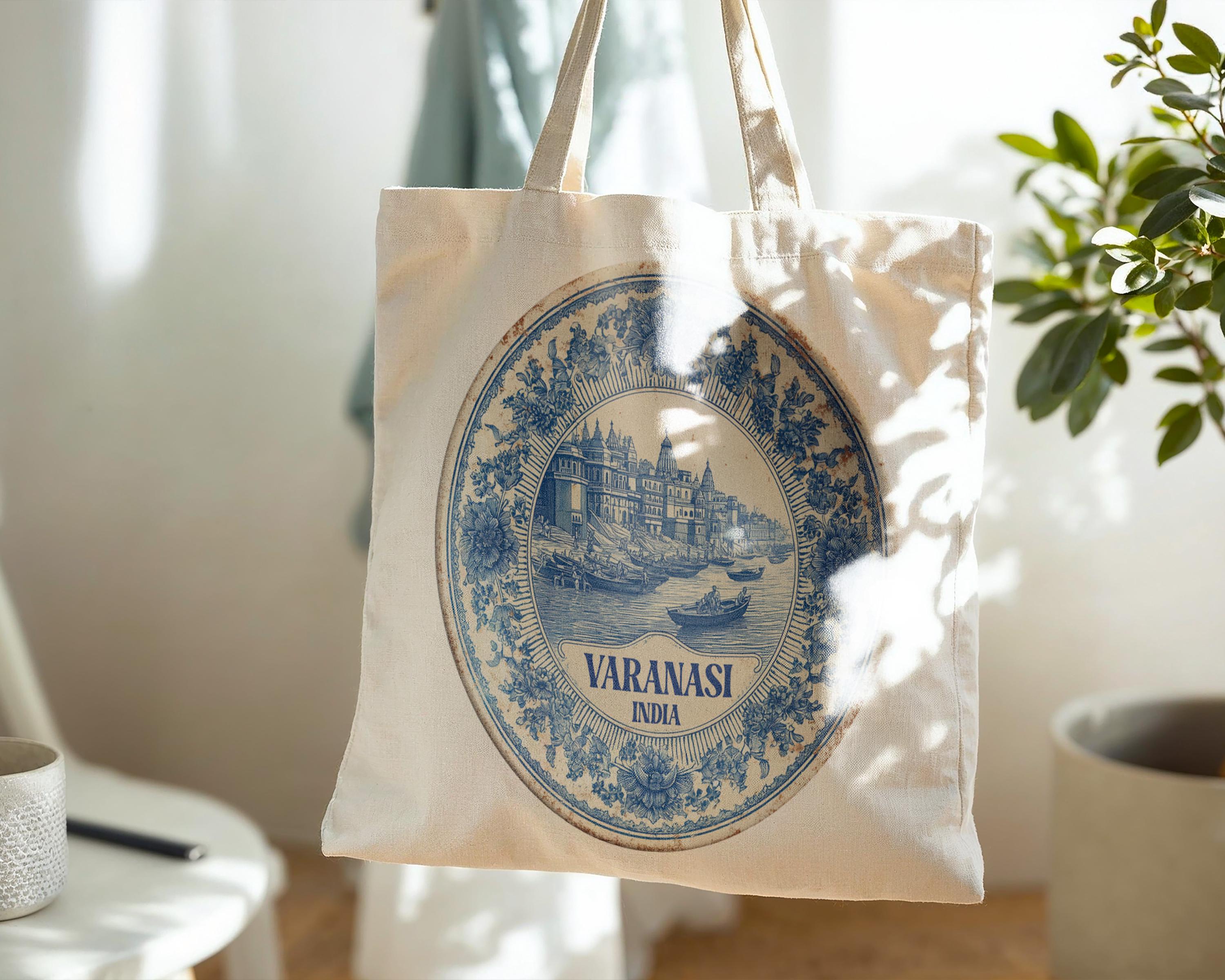 Varanasi India Tote Bag, Delft Style Personalized Destination, City Wedding Gift Souvenir Cotton