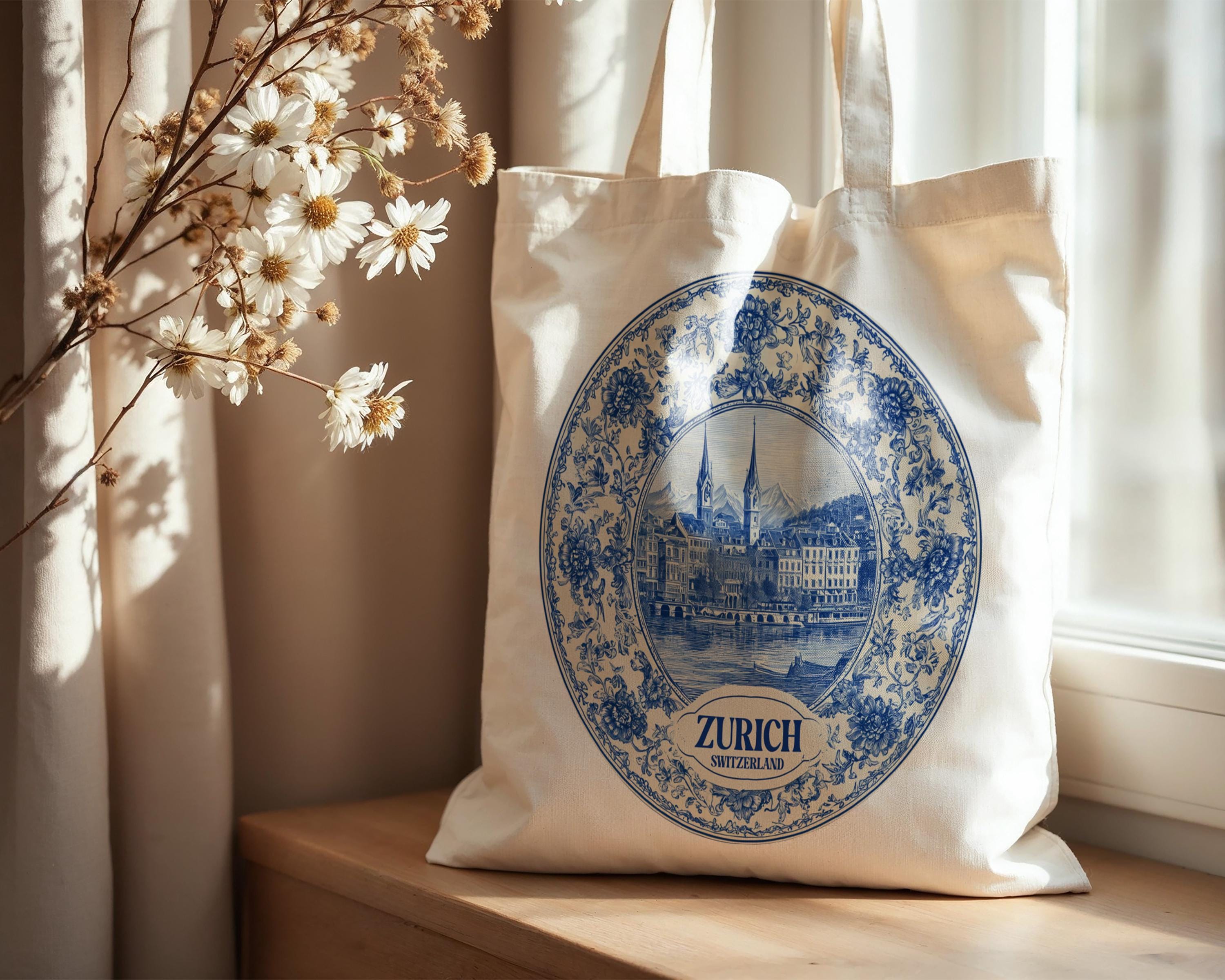 Zurich Switzerland Tote Bag, Delft Style Personalized Destination, City Wedding Gift Souvenir Cotton