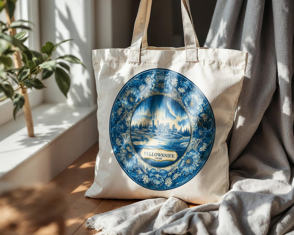 Yellowknife Canada Tote Bag, Delft Style Personalized Destination, City Wedding Gift Souvenir Cotton