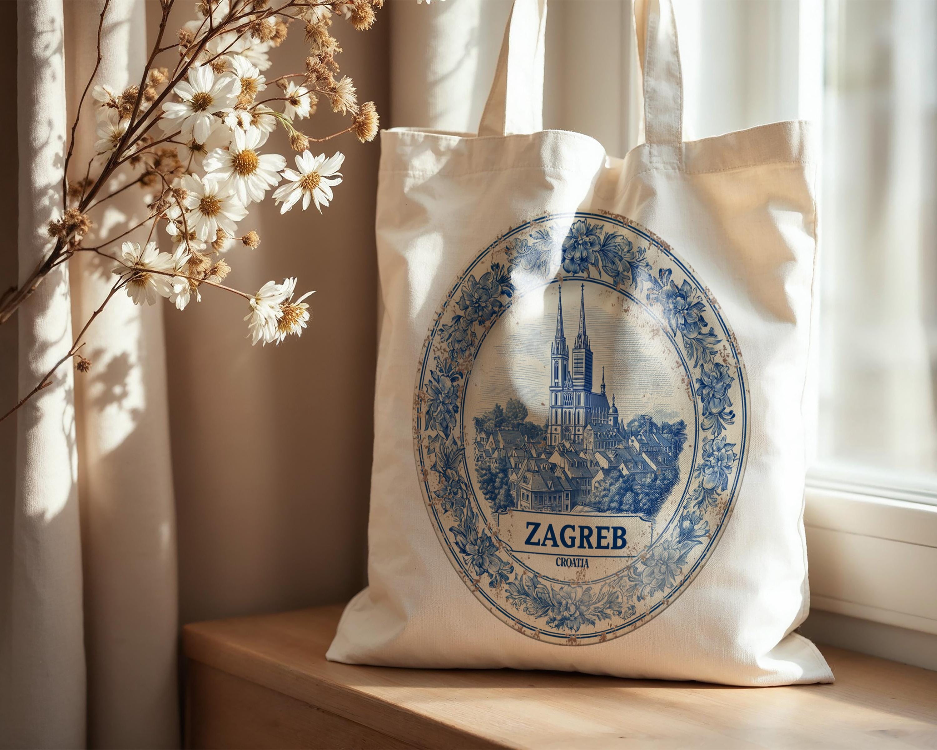 Zagreb Croatia Tote Bag, Delft Style Personalized Destination, City Wedding Gift Souvenir Cotton