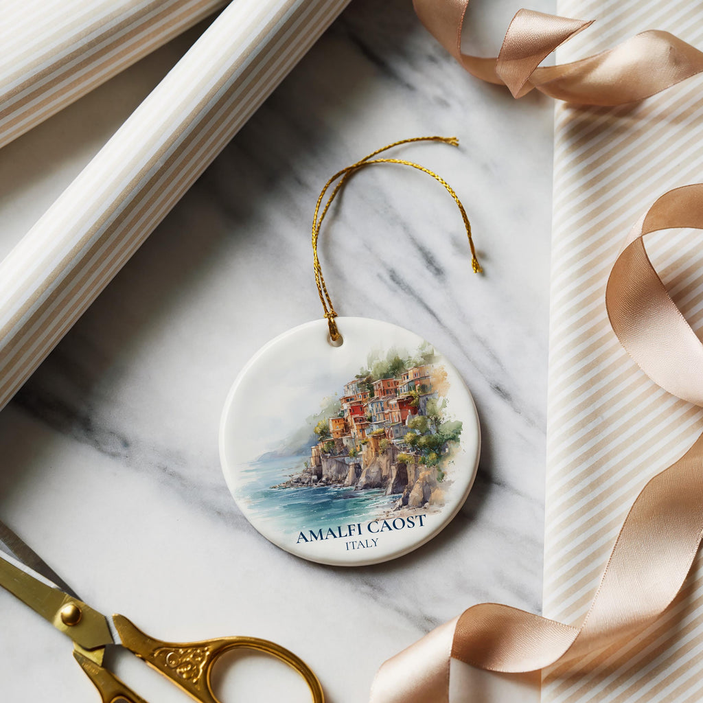 Amalfi Coast Ornament, Italy Personalized Watercolor, Custom Ceramic Christmas gift, Travel Keepsake