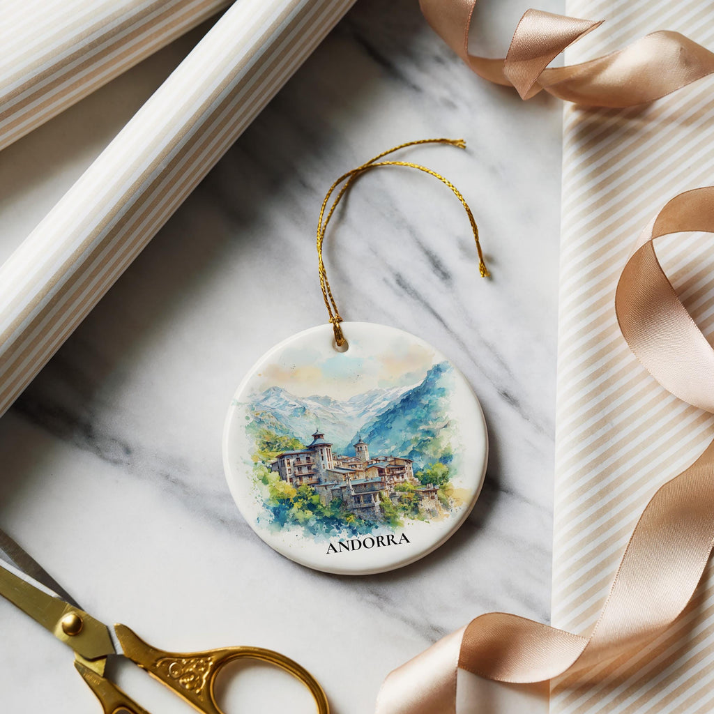 Andorra la Vella Andorra Personalized Watercolor Ornament, Custom Ceramic Christmas gift, Travel Keepsake