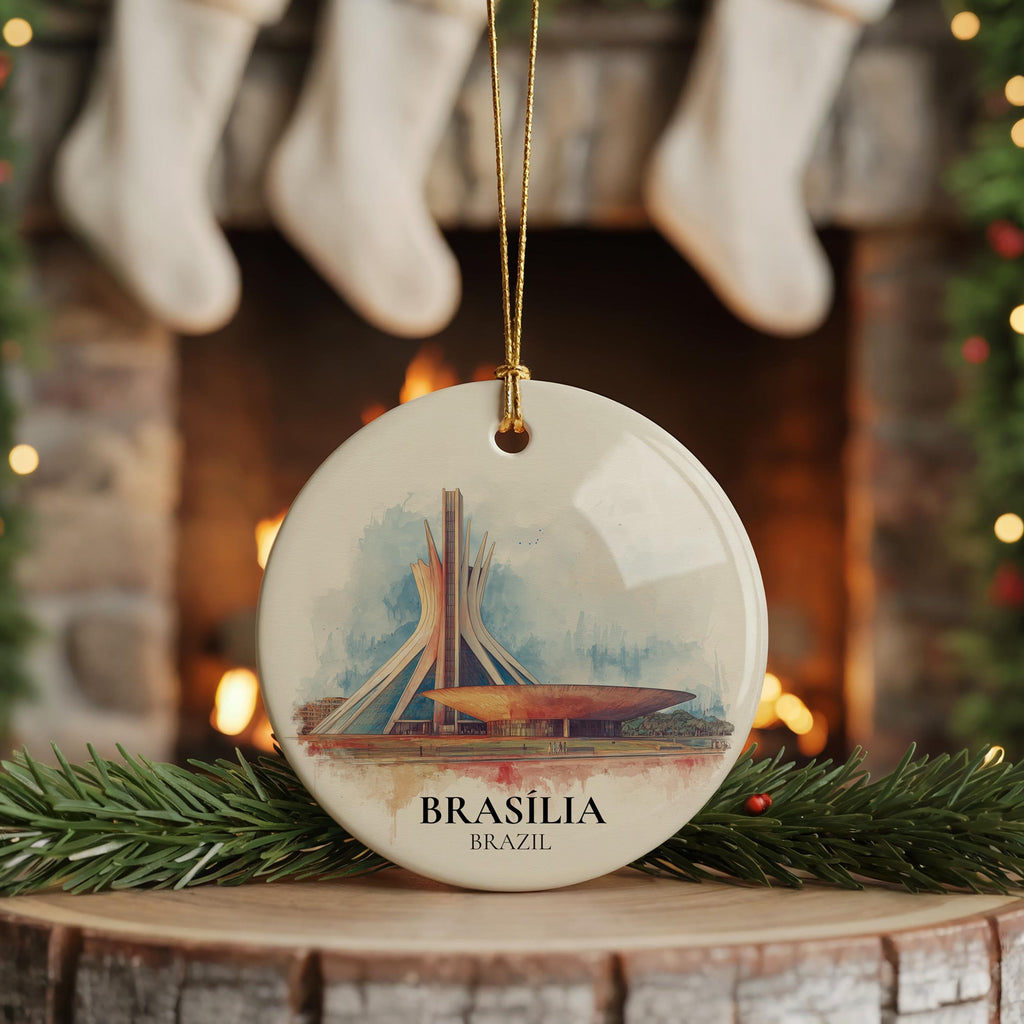 Brasilia Brazil Personalized Watercolor Ornament, Custom Ceramic Christmas gift, Travel Keepsake