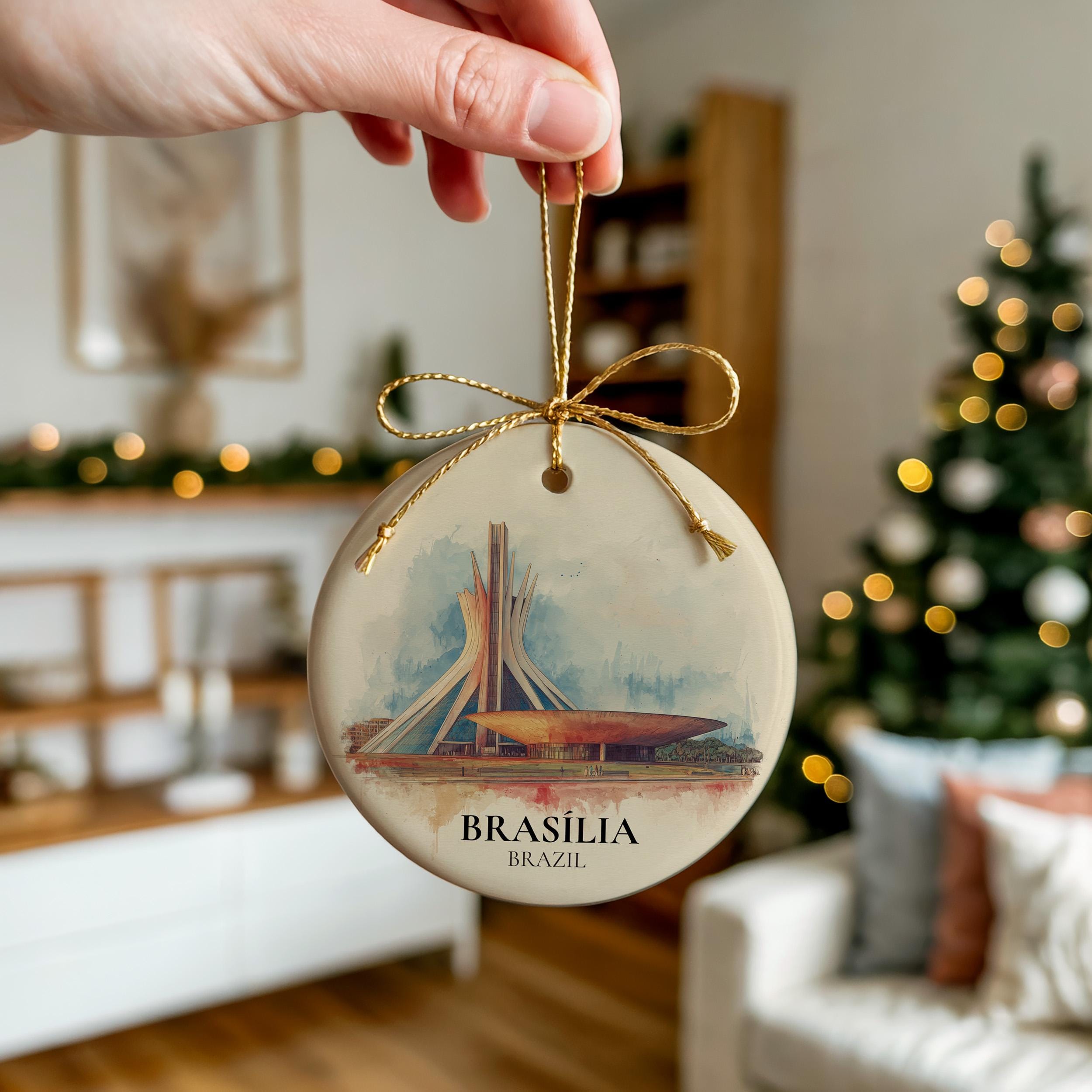 Brasilia Brazil Personalized Watercolor Ornament, Custom Ceramic Christmas gift, Travel Keepsake