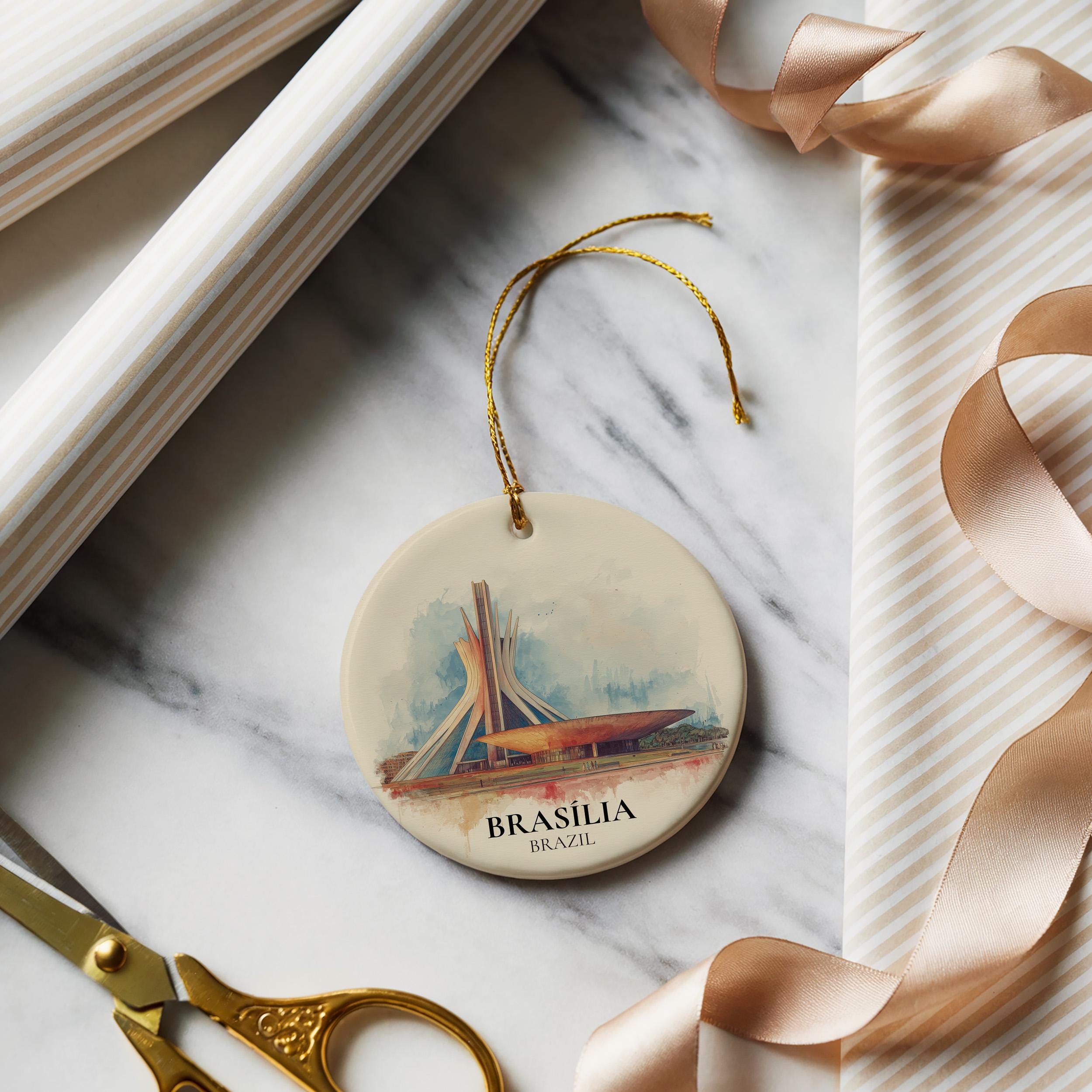 Brasilia Brazil Personalized Watercolor Ornament, Custom Ceramic Christmas gift, Travel Keepsake