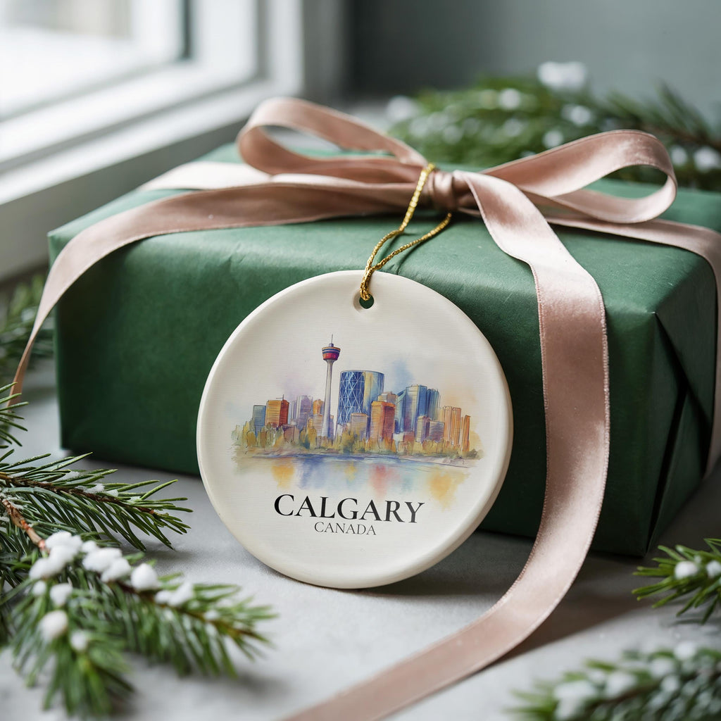 Calgary Alberta Personalized Watercolor Ornament, Custom Ceramic Christmas gift, Travel Keepsake