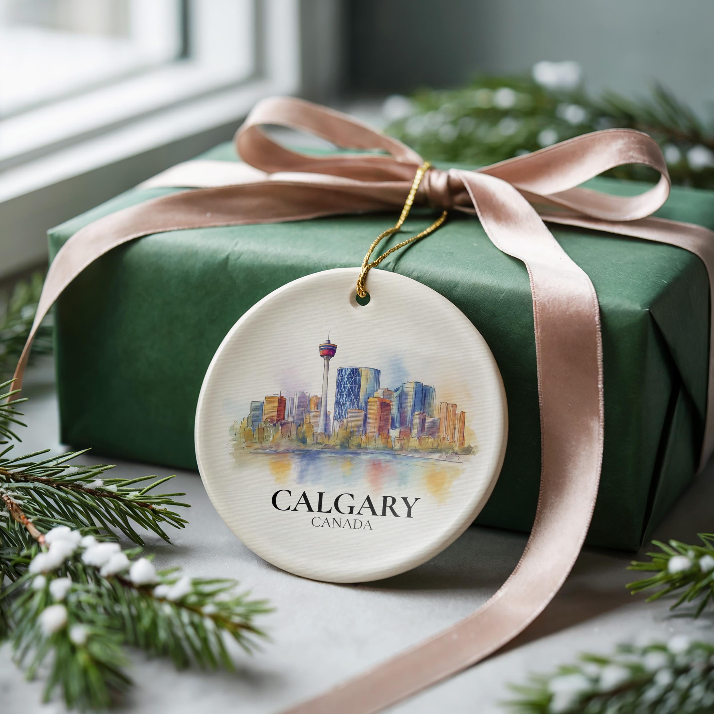 Calgary Alberta Personalized Watercolor Ornament, Custom Ceramic Christmas gift, Travel Keepsake