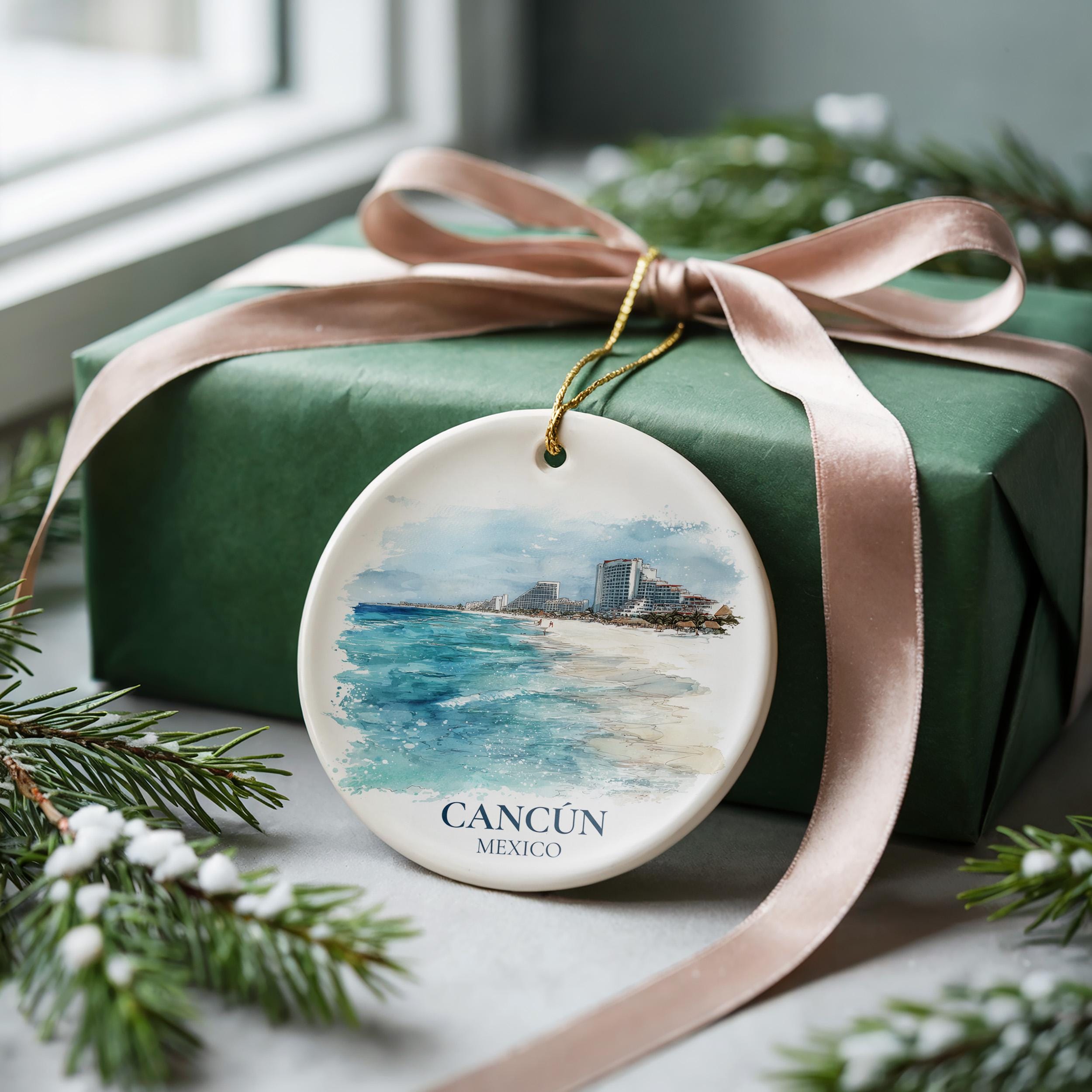 Cancun Mexico Personalized Watercolor Ornament, Custom Ceramic Christmas gift, Travel Keepsake