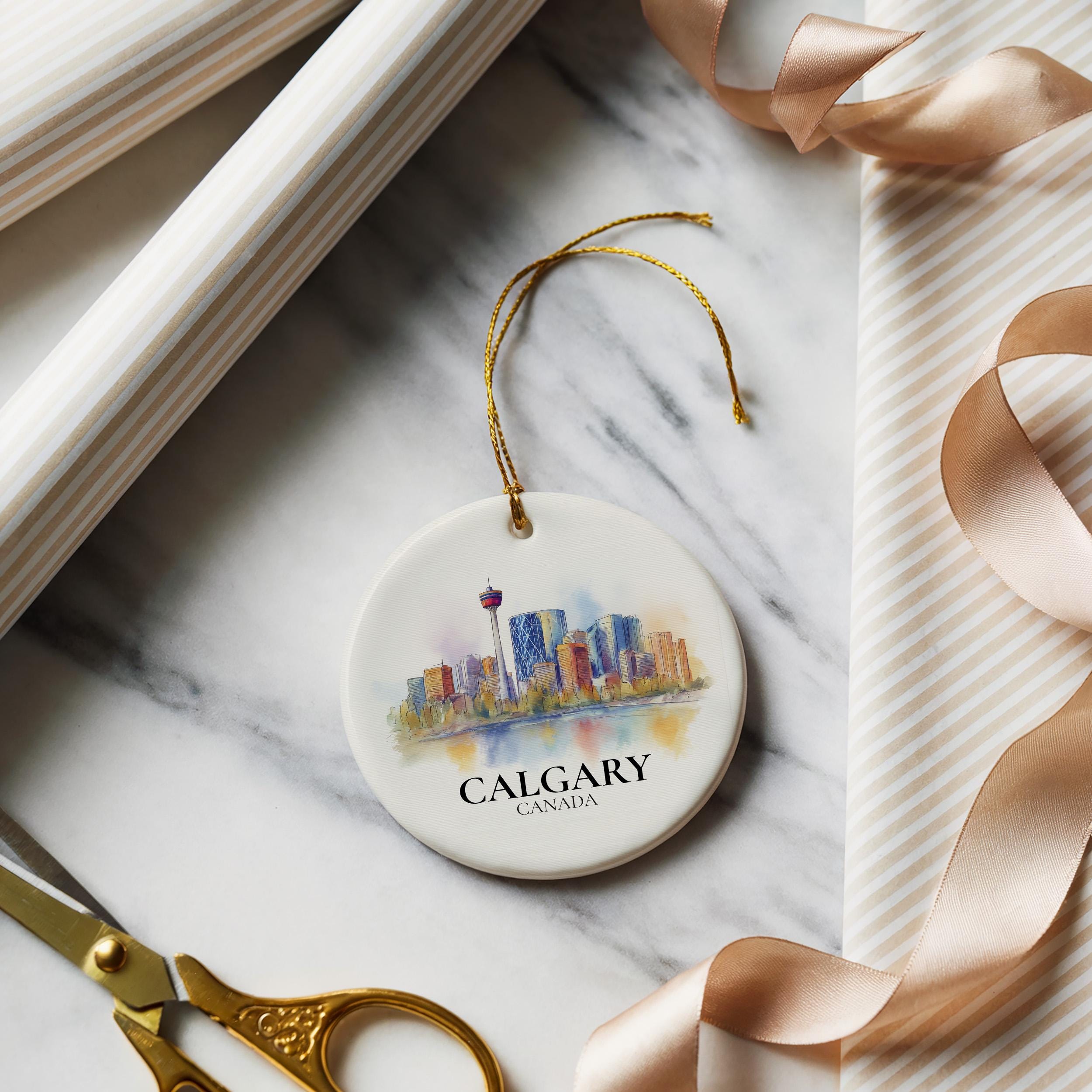 Calgary Alberta Personalized Watercolor Ornament, Custom Ceramic Christmas gift, Travel Keepsake