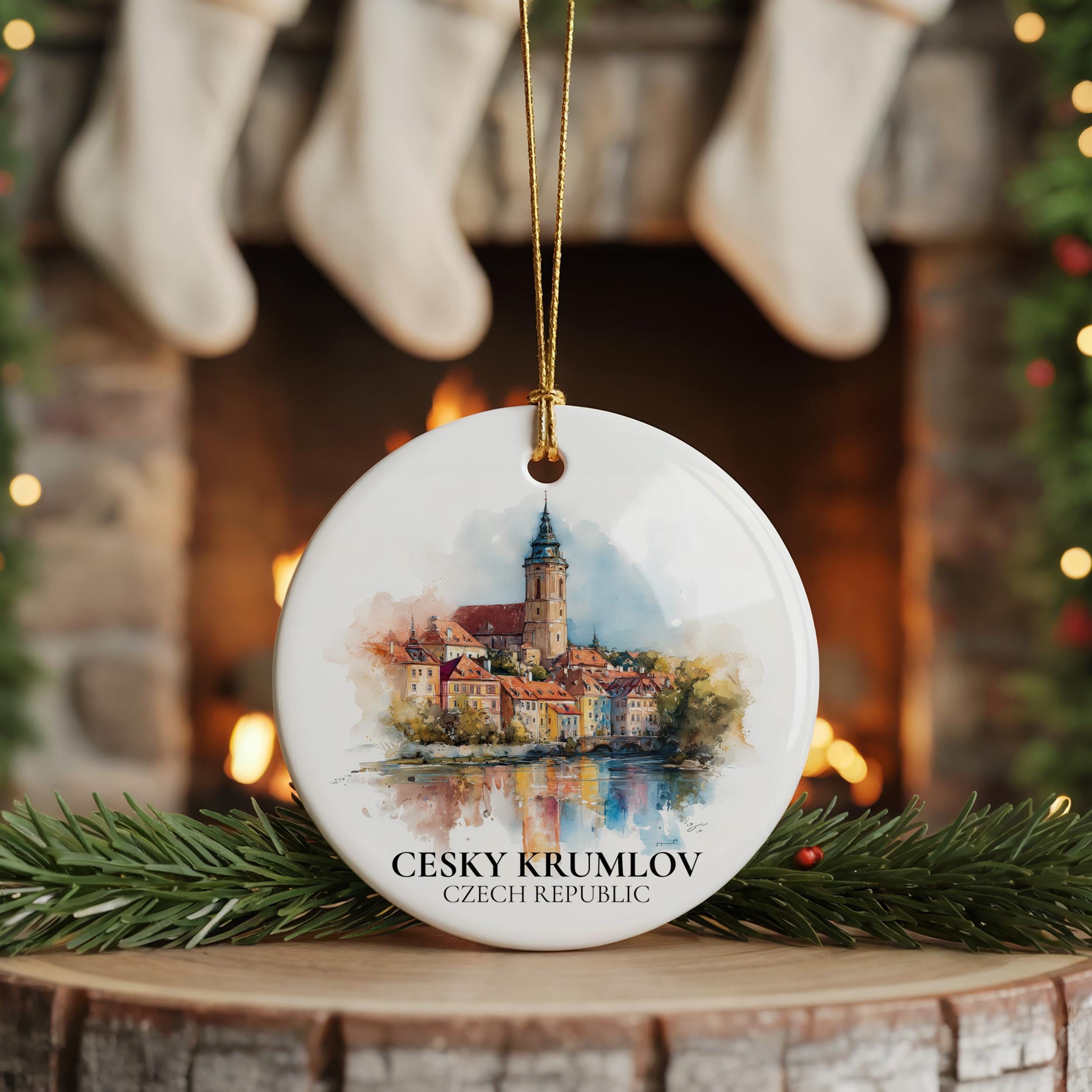 Cesky Krumlov Czech Republic Personalized Watercolor Ornament, Custom Ceramic Christmas gift, Travel Keepsake