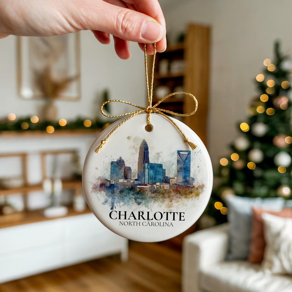 Charlotte North Carolina Personalized Watercolor Ornament, Custom Ceramic Christmas gift, Travel Keepsake