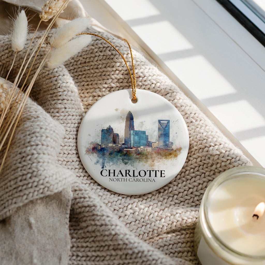 Charlotte North Carolina Personalized Watercolor Ornament, Custom Ceramic Christmas gift, Travel Keepsake