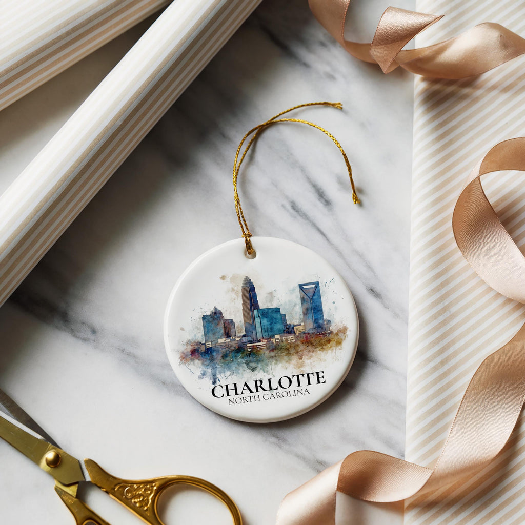 Charlotte North Carolina Personalized Watercolor Ornament, Custom Ceramic Christmas gift, Travel Keepsake