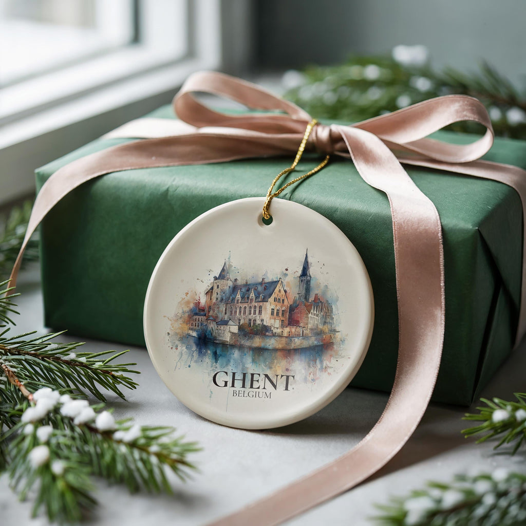 Ghent Belgium Personalized Watercolor Ornament, Custom Ceramic Christmas gift, Travel Keepsake