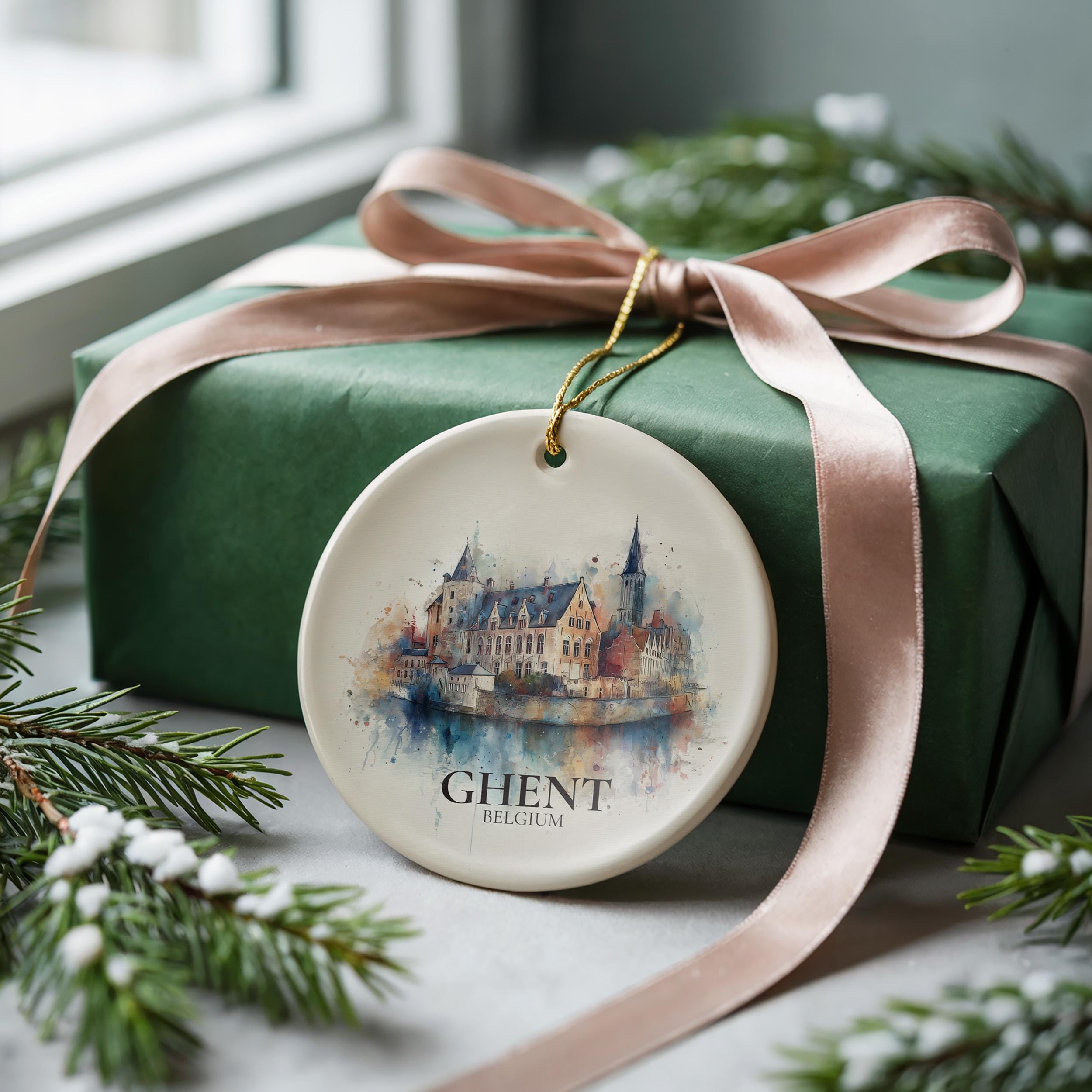 Ghent Belgium Personalized Watercolor Ornament, Custom Ceramic Christmas gift, Travel Keepsake