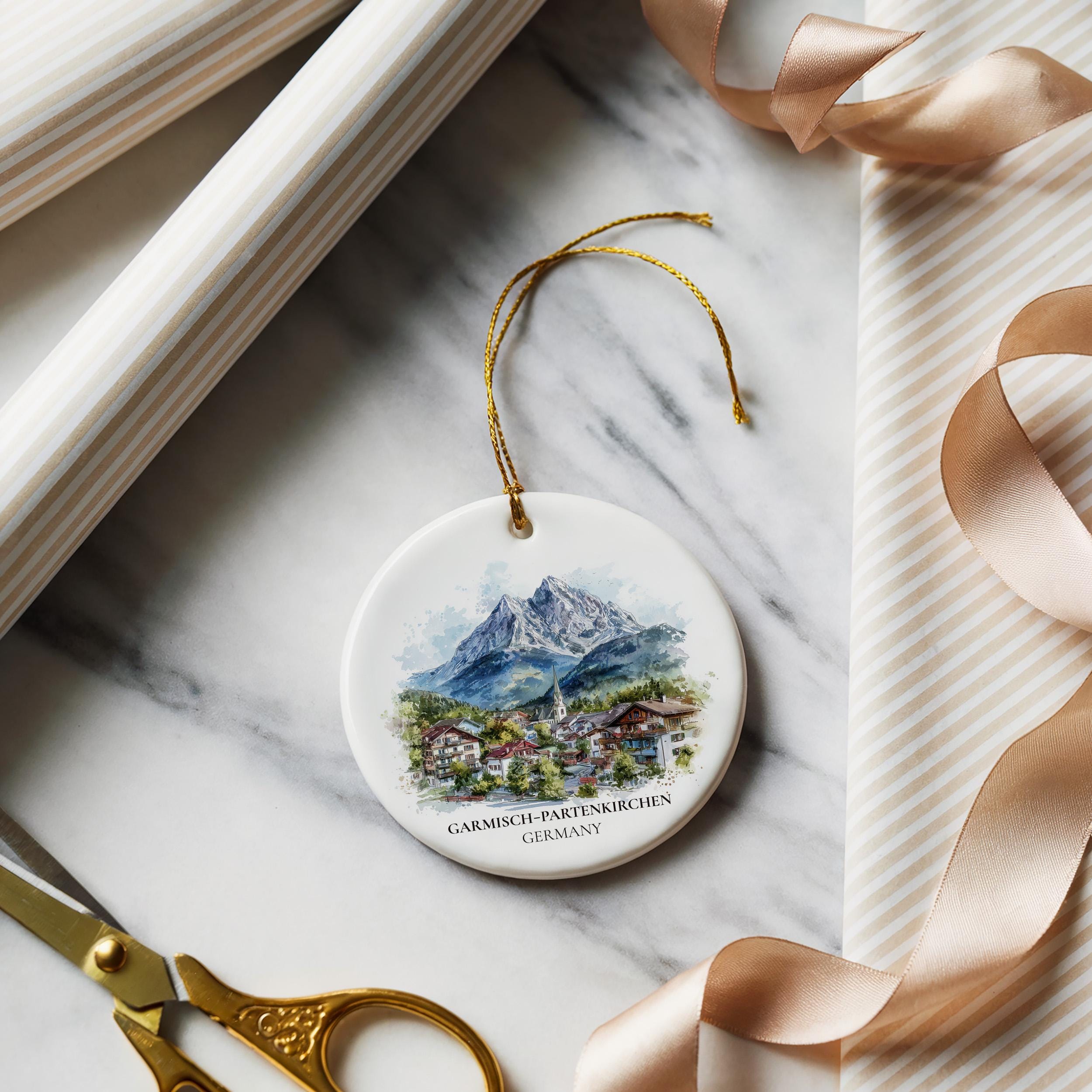 Garmisch Partenkirchen Germany Personalized Watercolor Ornament, Custom Ceramic Christmas gift, Travel Keepsake