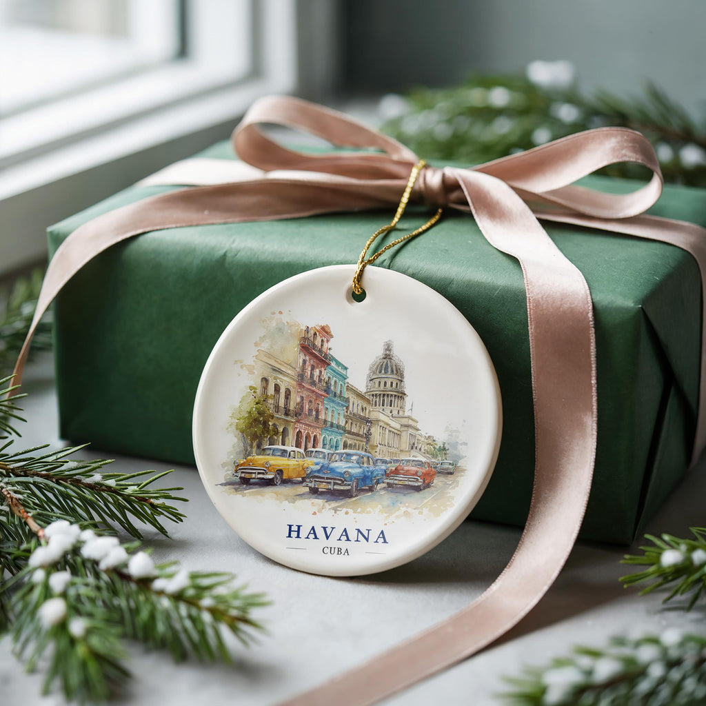 Havana Cuba Personalized Watercolor Ornament, Custom Ceramic Christmas gift, Travel Keepsake