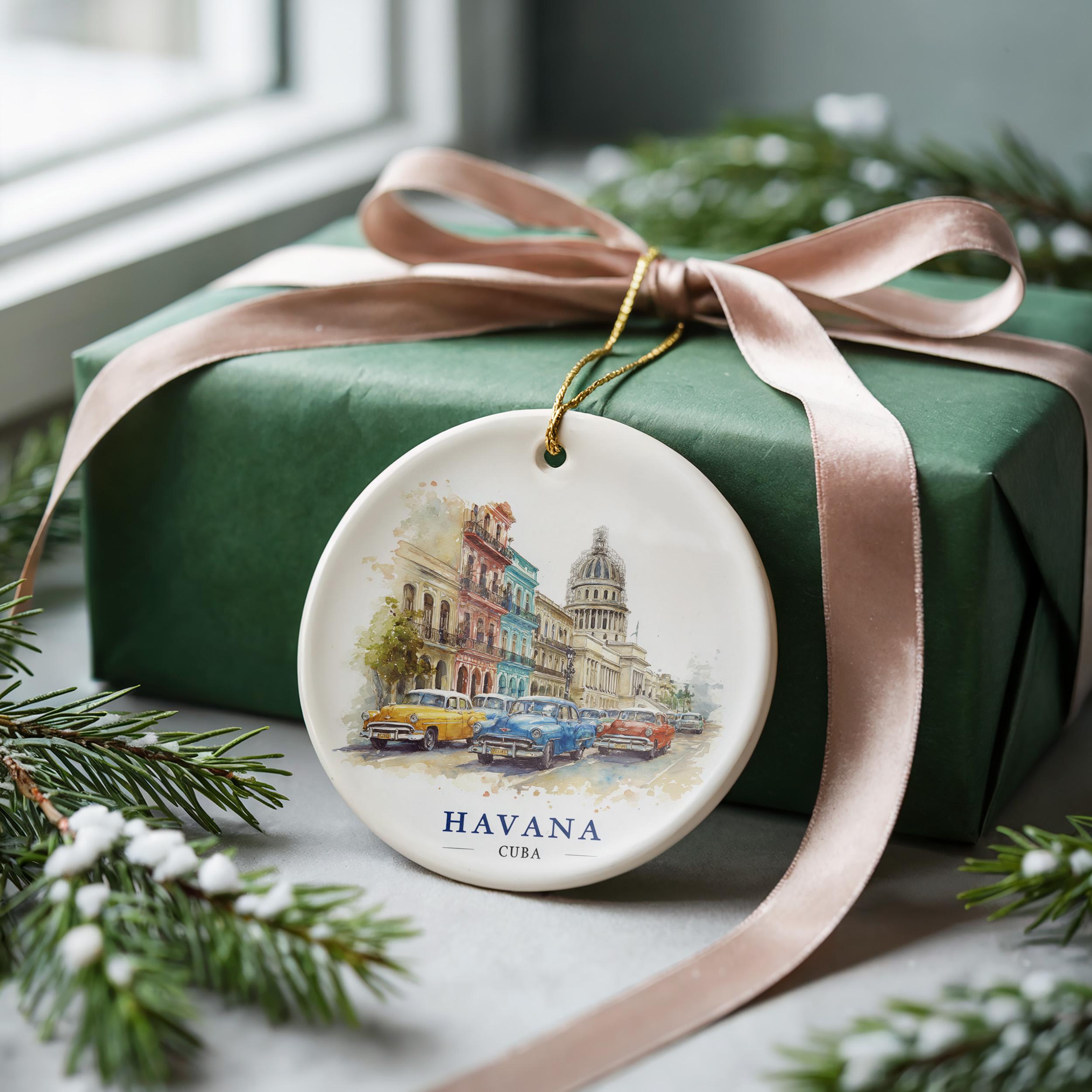 Havana Cuba Personalized Watercolor Ornament, Custom Ceramic Christmas gift, Travel Keepsake