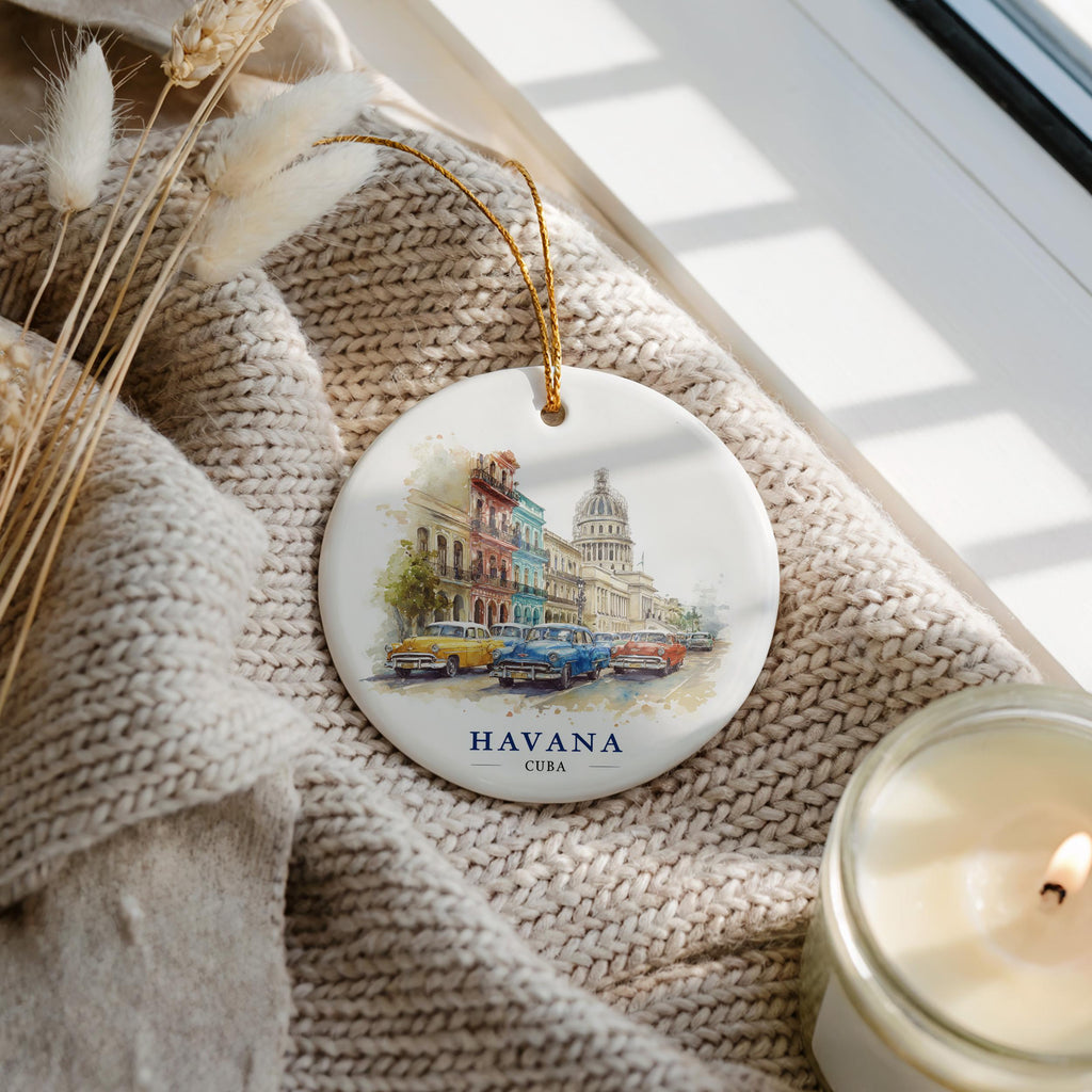 Havana Cuba Personalized Watercolor Ornament, Custom Ceramic Christmas gift, Travel Keepsake