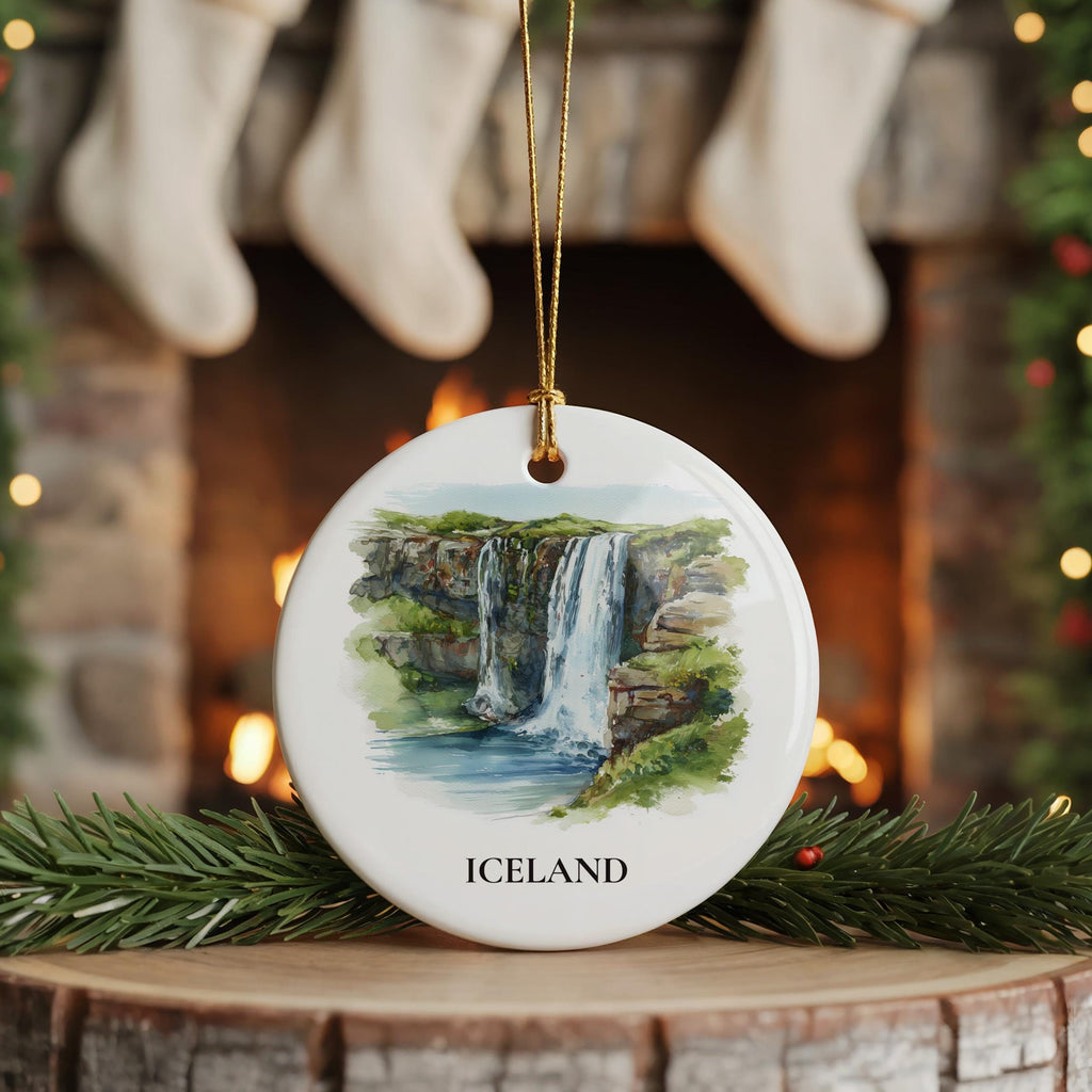 Iceland Waterfalls Personalized Watercolor Ornament, Custom Ceramic Christmas gift, Travel Keepsake