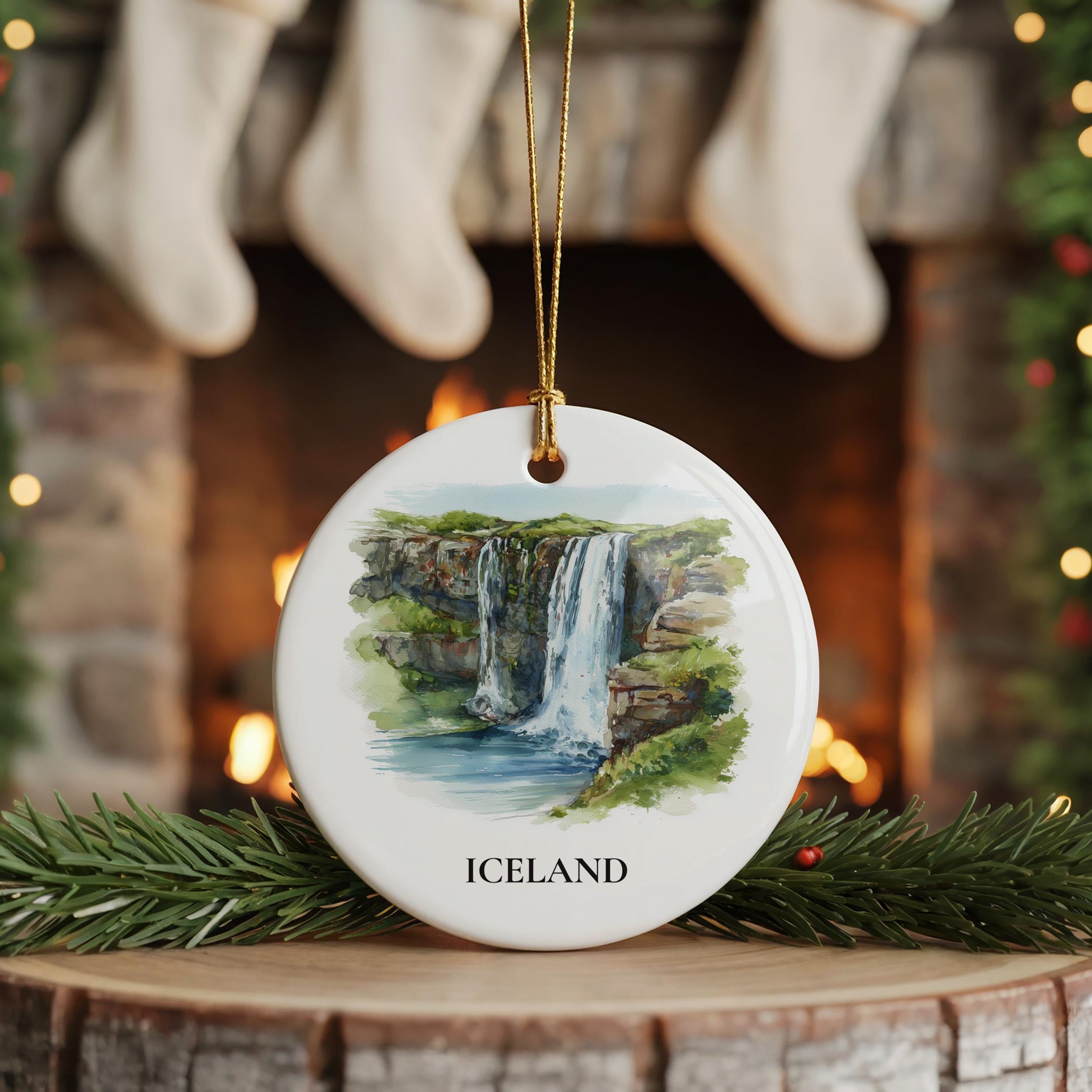 Iceland Waterfalls Personalized Watercolor Ornament, Custom Ceramic Christmas gift, Travel Keepsake