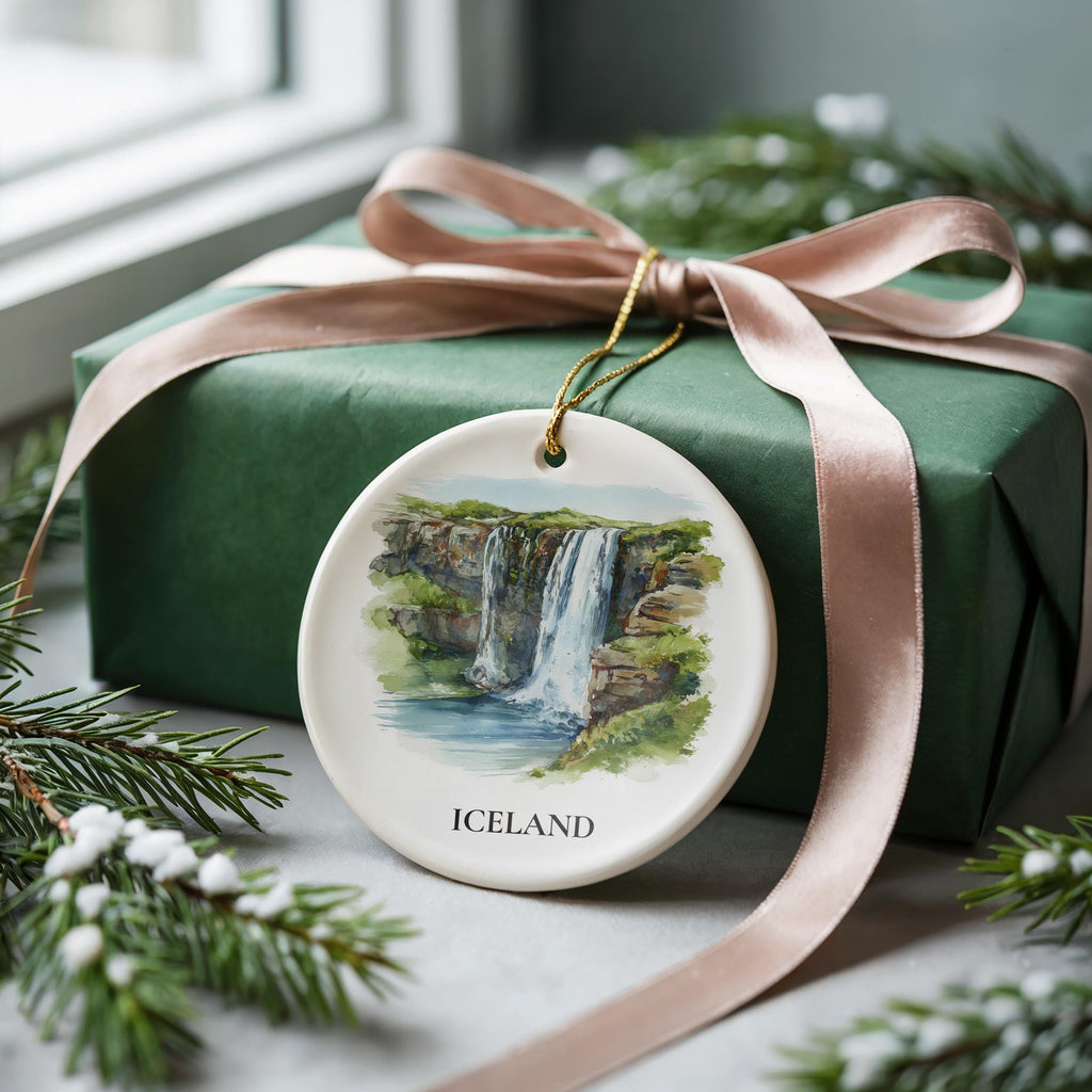 Iceland Waterfalls Personalized Watercolor Ornament, Custom Ceramic Christmas gift, Travel Keepsake