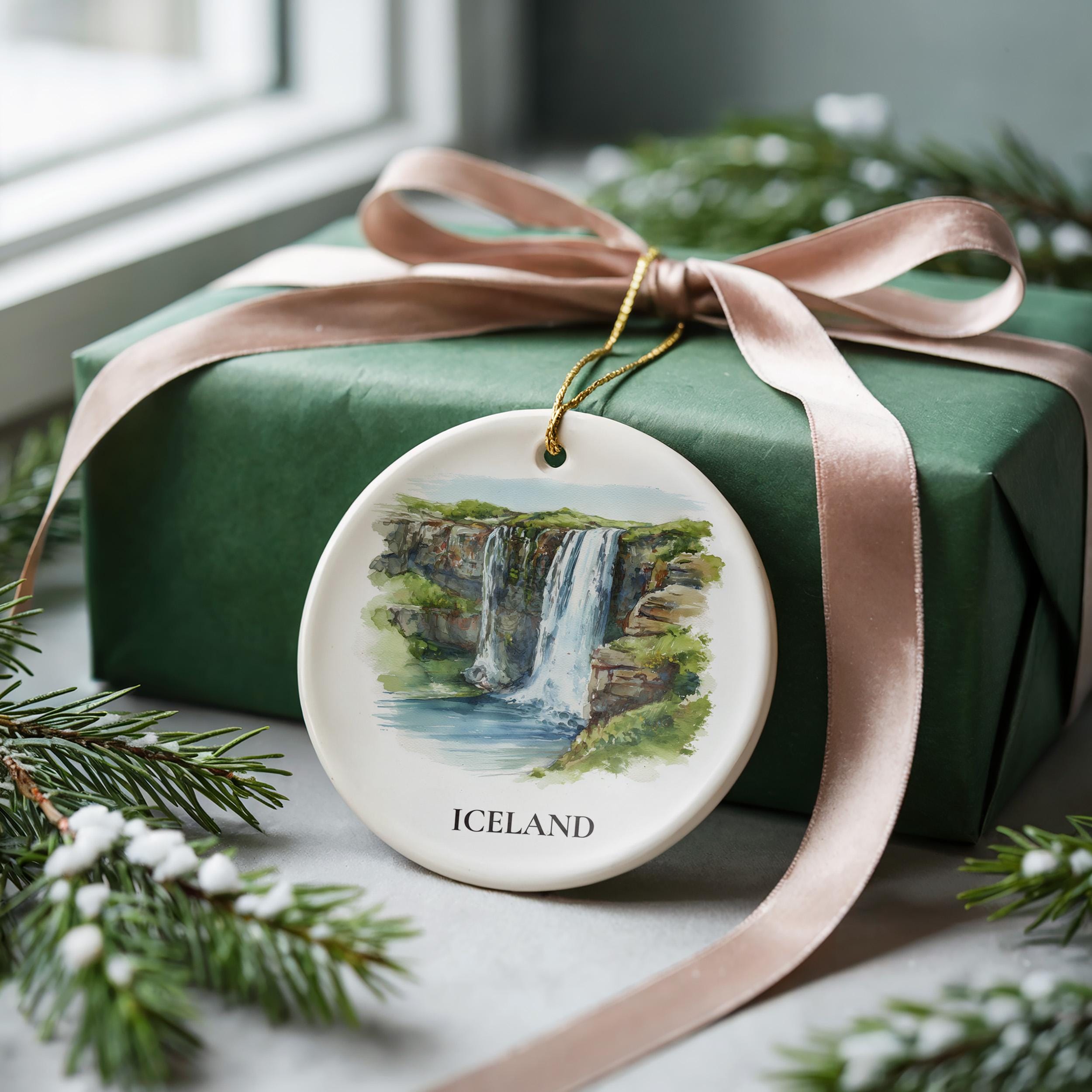 Iceland Waterfalls Personalized Watercolor Ornament, Custom Ceramic Christmas gift, Travel Keepsake
