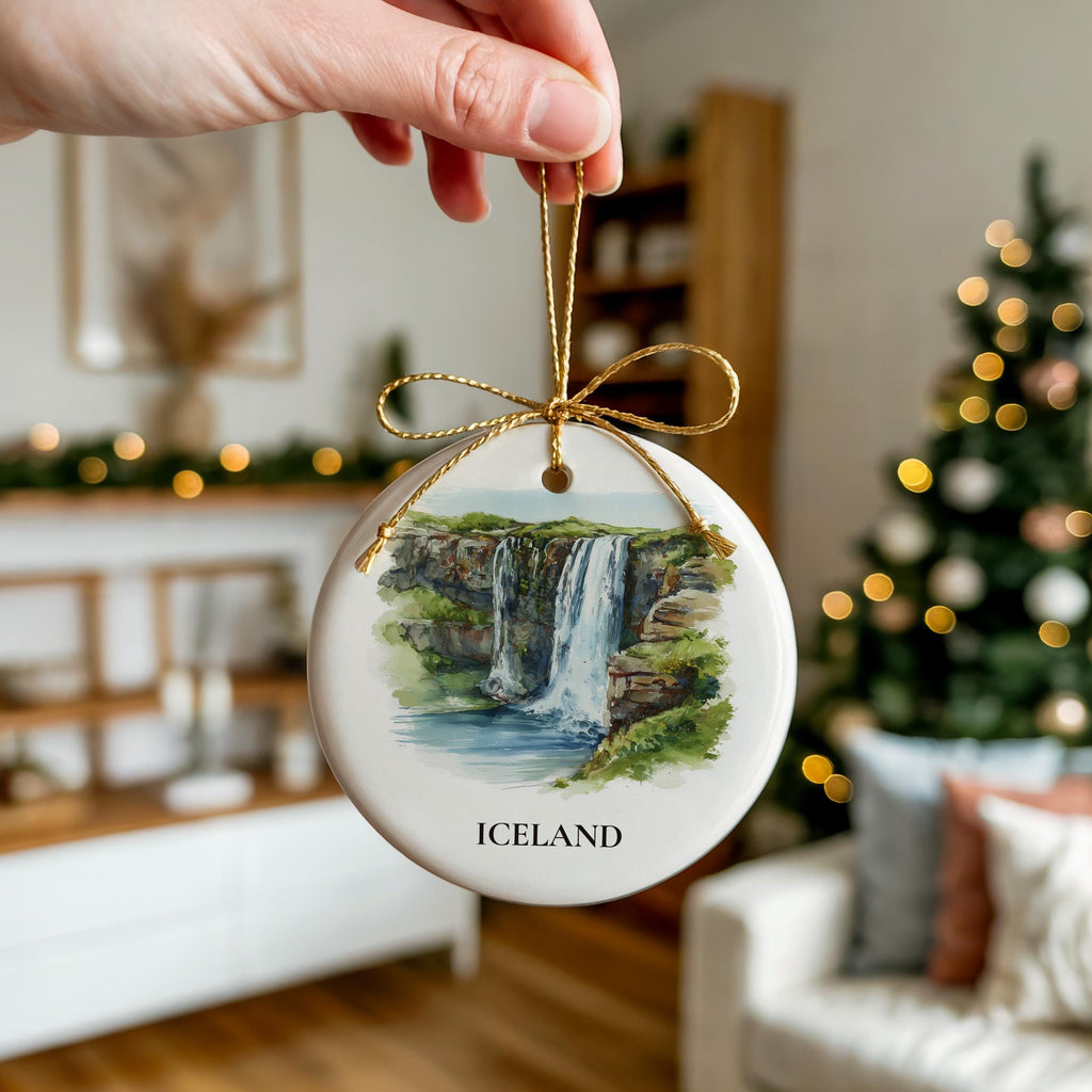 Iceland Waterfalls Personalized Watercolor Ornament, Custom Ceramic Christmas gift, Travel Keepsake