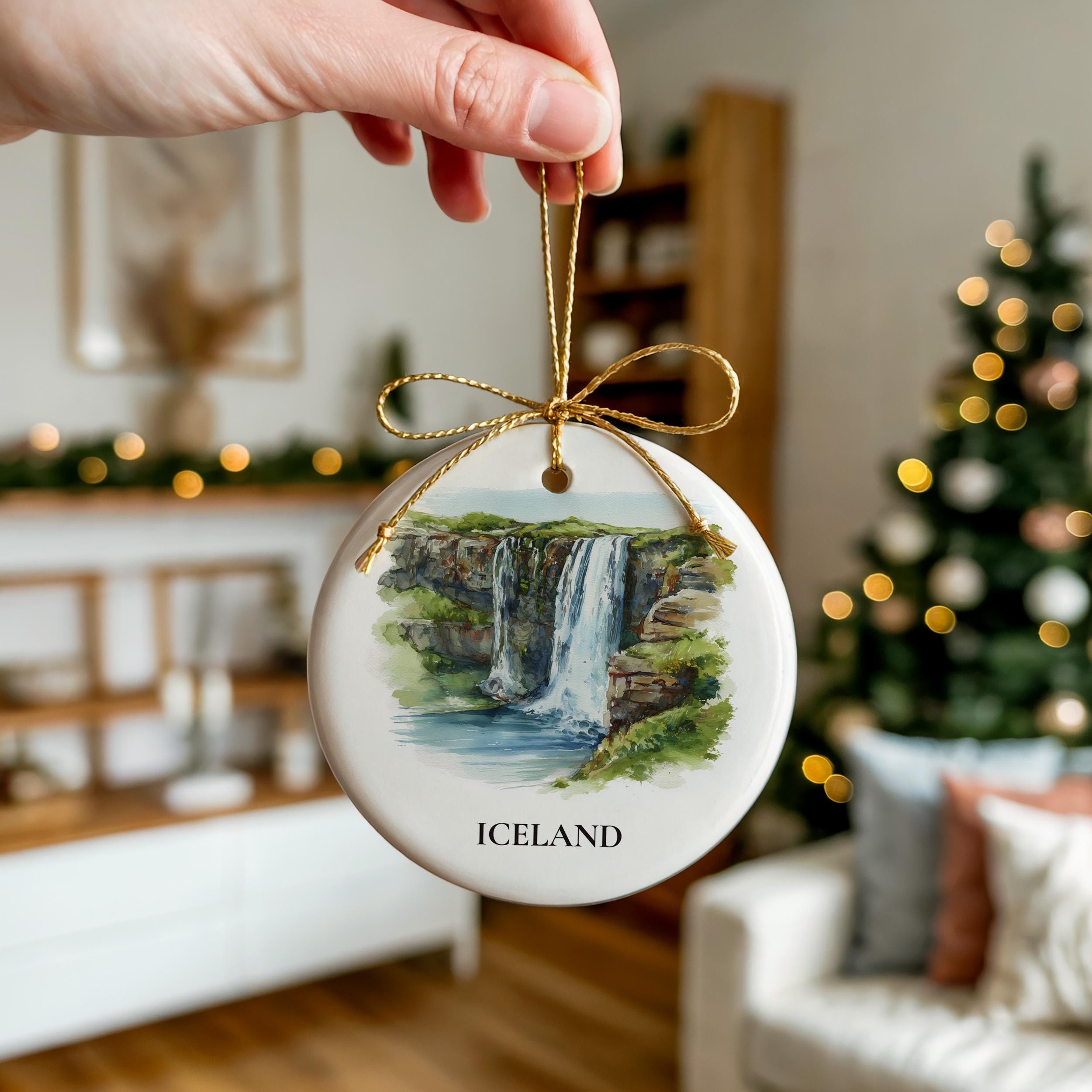 Iceland Waterfalls Personalized Watercolor Ornament, Custom Ceramic Christmas gift, Travel Keepsake