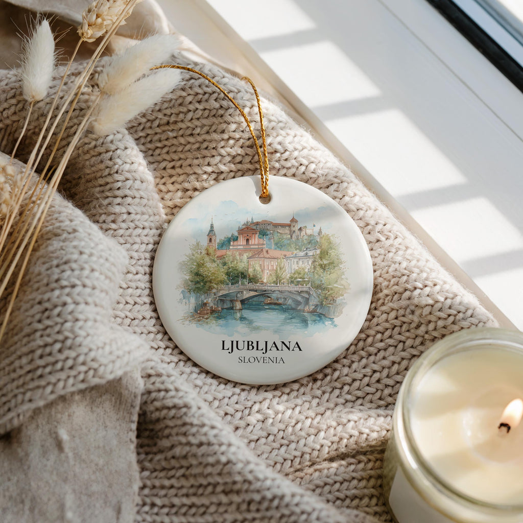 Ljubljana Slovenia Personalized Watercolor Ornament, Custom Ceramic Christmas gift, Travel Keepsake