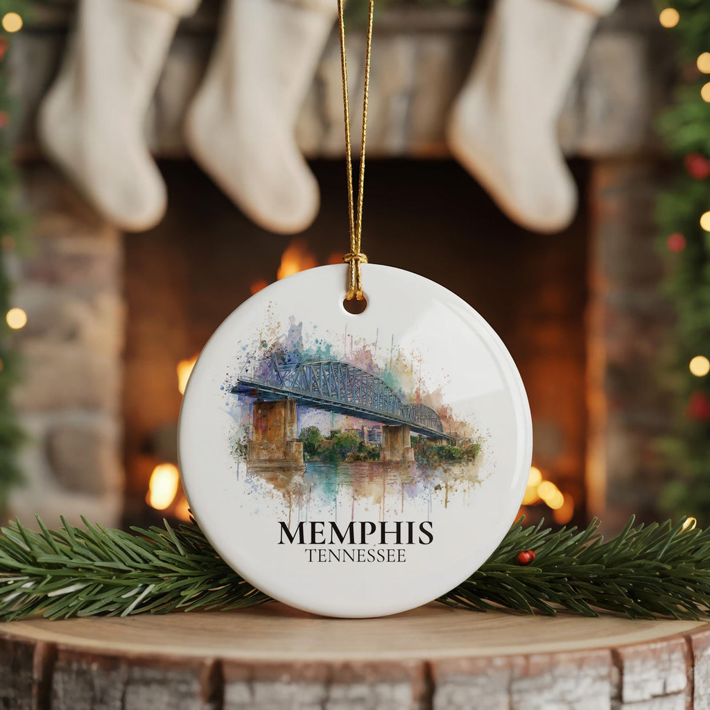 Memphis Tennessee Personalized Watercolor Ornament, Custom Ceramic Christmas gift, Travel Keepsake