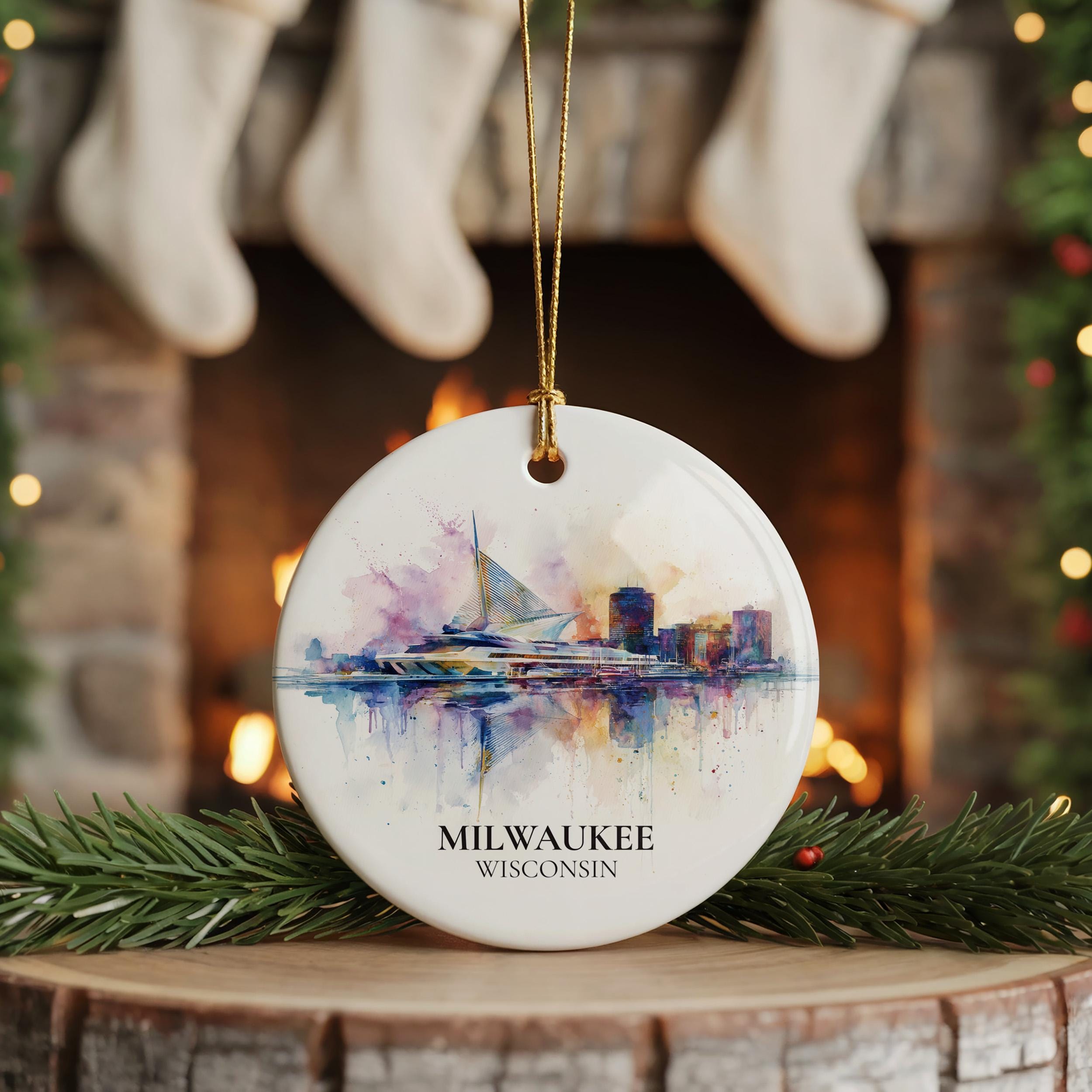 Milwaukee Wisconsin Personalized Watercolor Ornament, Custom Ceramic Christmas gift, Travel Keepsake